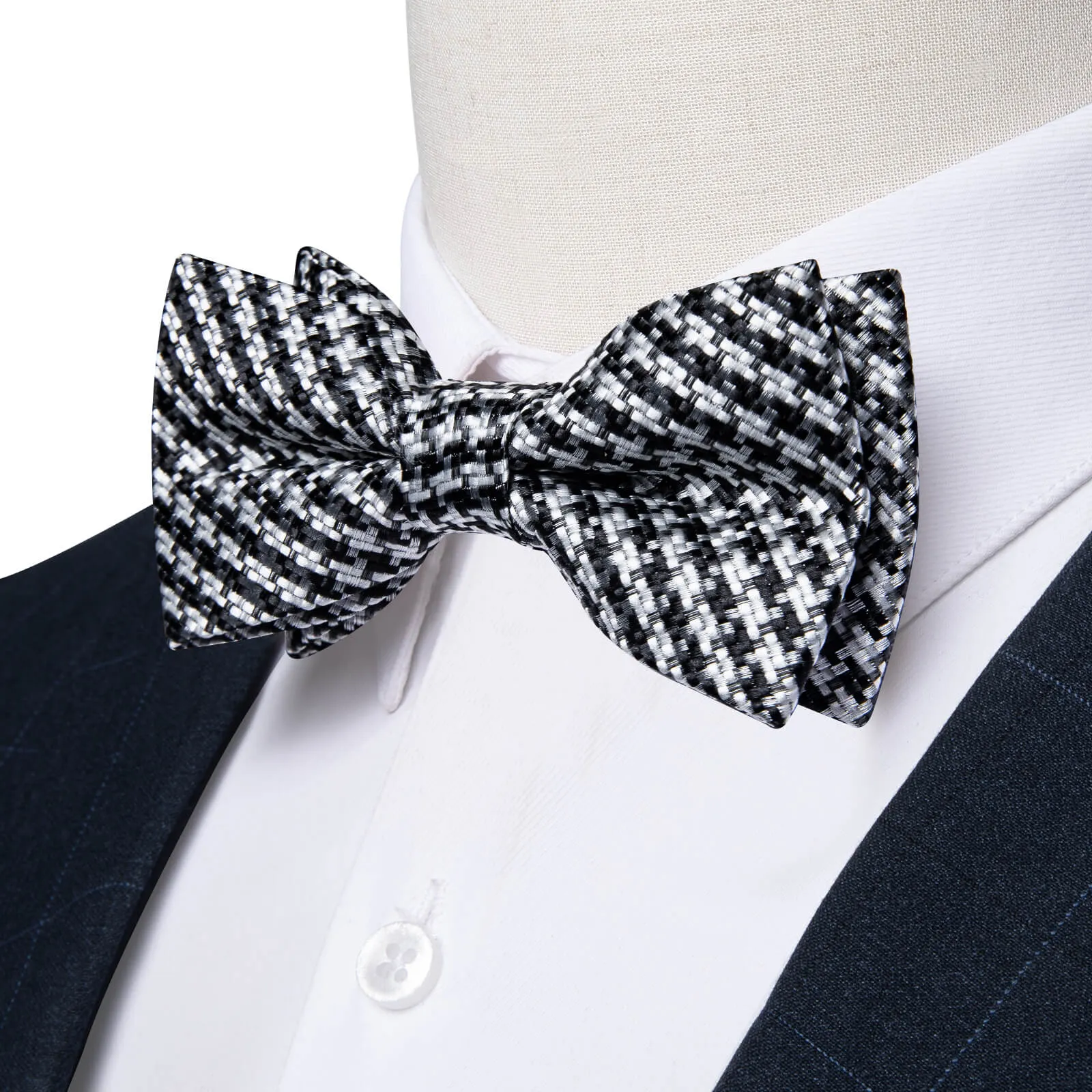 DiBanGu Kids Bow Tie Black White Woven Striped Silk Pre-Bow Tie Hanky Set