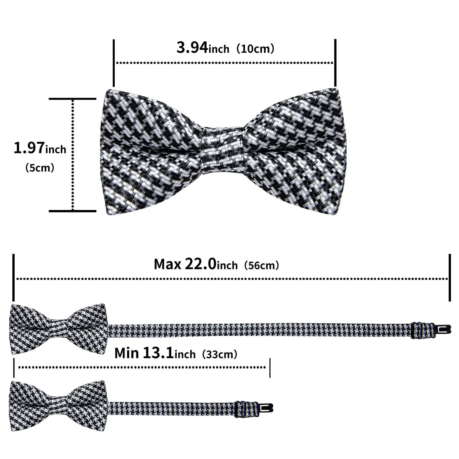 DiBanGu Kids Bow Tie Black White Woven Striped Silk Pre-Bow Tie Hanky Set