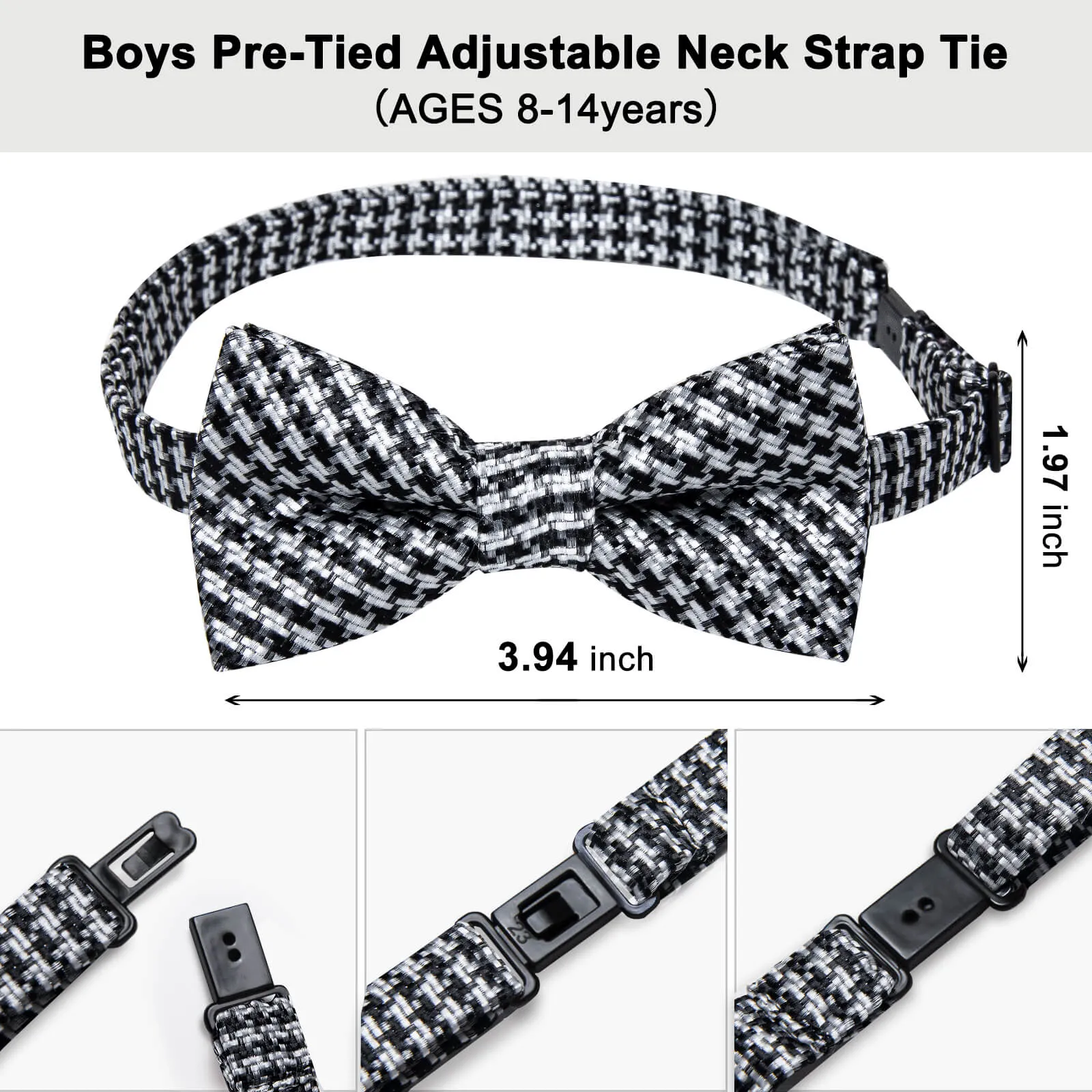 DiBanGu Kids Bow Tie Black White Woven Striped Silk Pre-Bow Tie Hanky Set