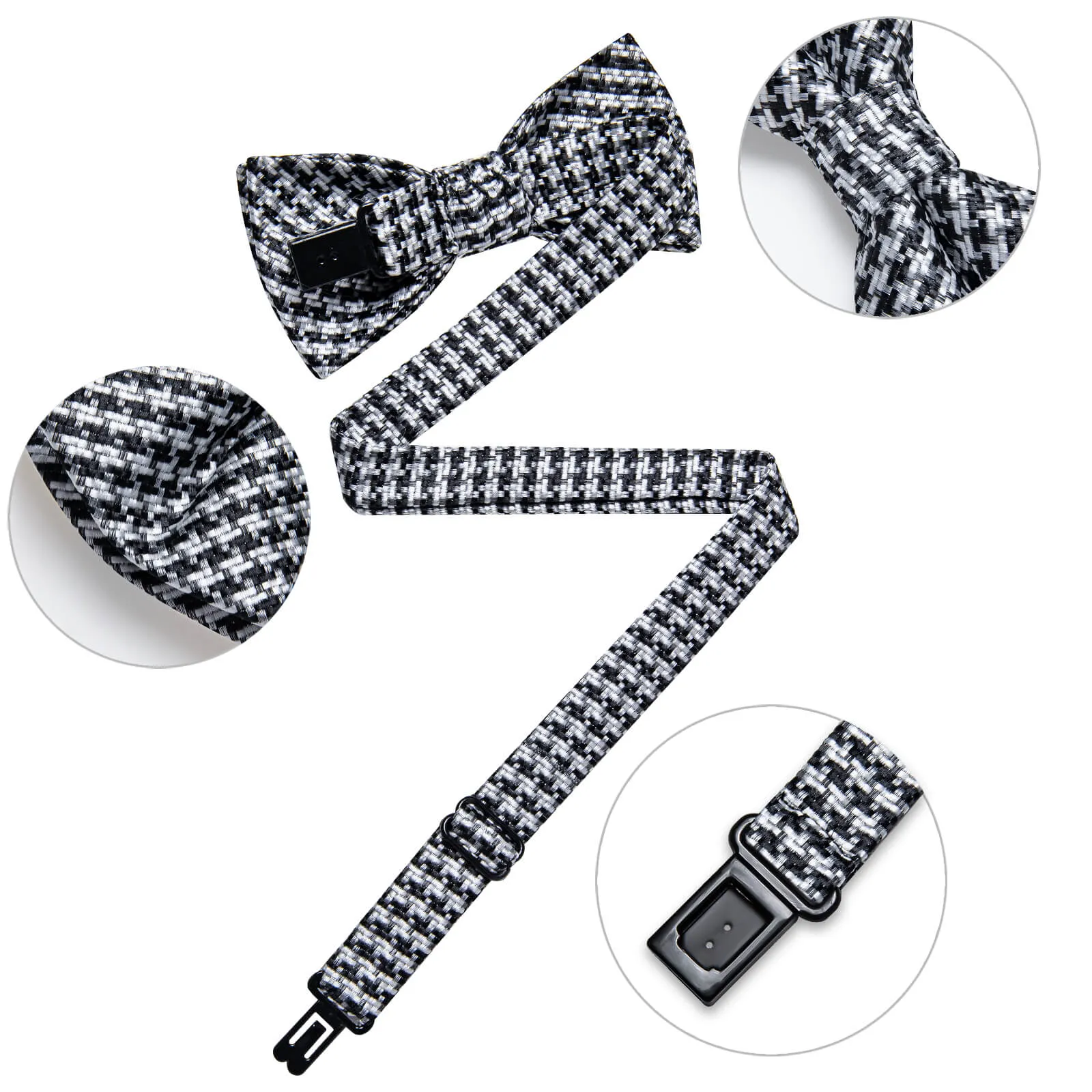 DiBanGu Kids Bow Tie Black White Woven Striped Silk Pre-Bow Tie Hanky Set