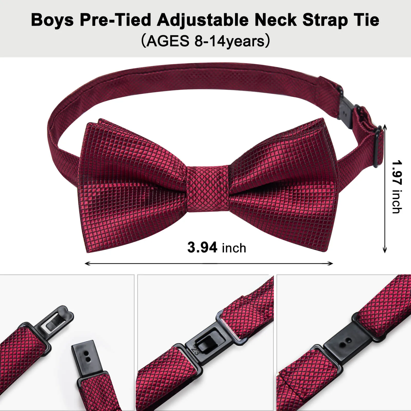 DiBanGu Kids Bow Tie Maroon Red Plaid Silk Pre-Bow Tie Hanky Set