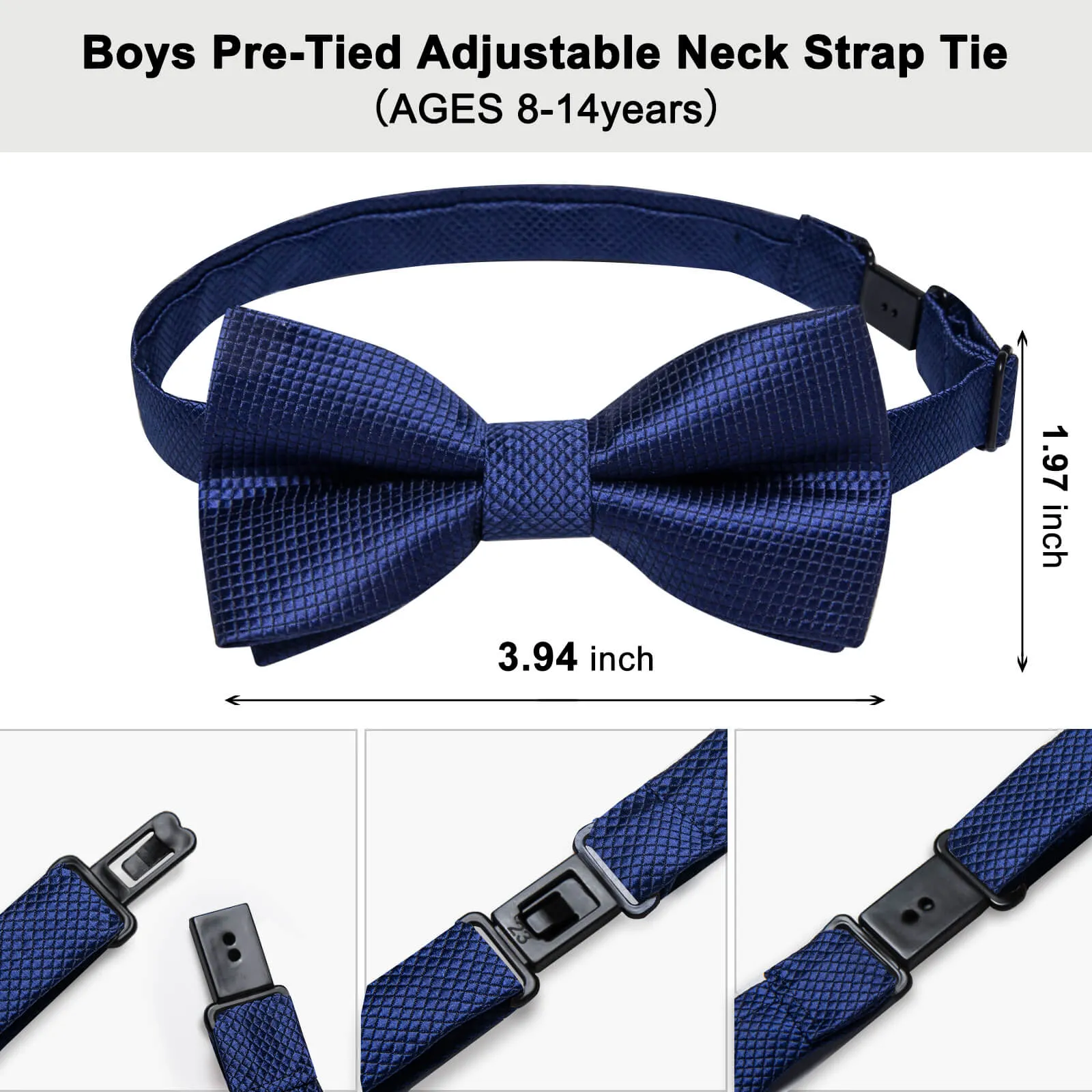 DiBanGu Kids Bow Tie Navy Blue Woven Plaid Silk Pre-Bow Tie Hanky Set