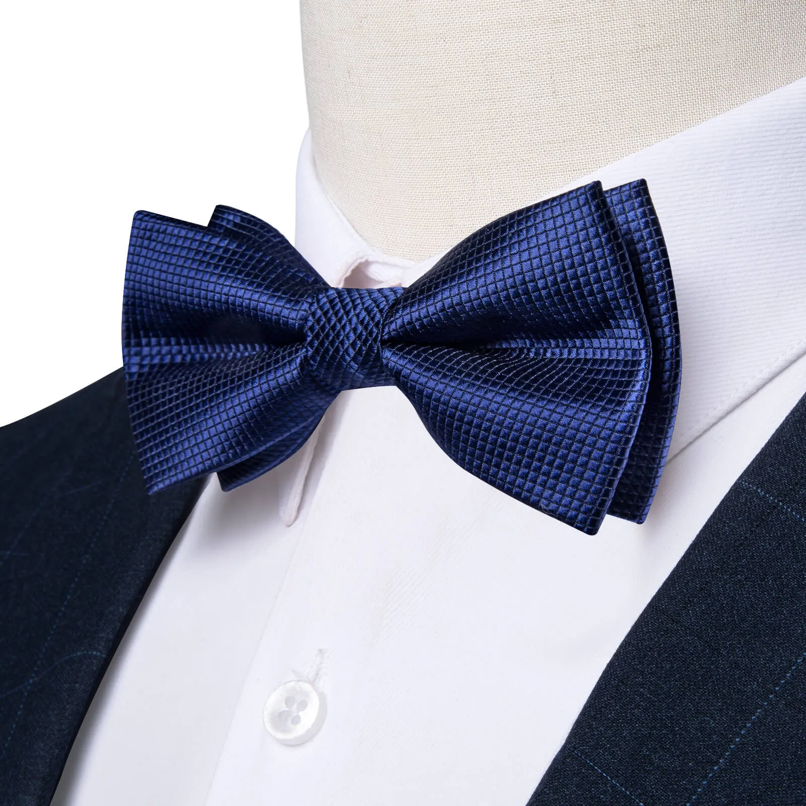 DiBanGu Kids Bow Tie Navy Blue Woven Plaid Silk Pre-Bow Tie Hanky Set