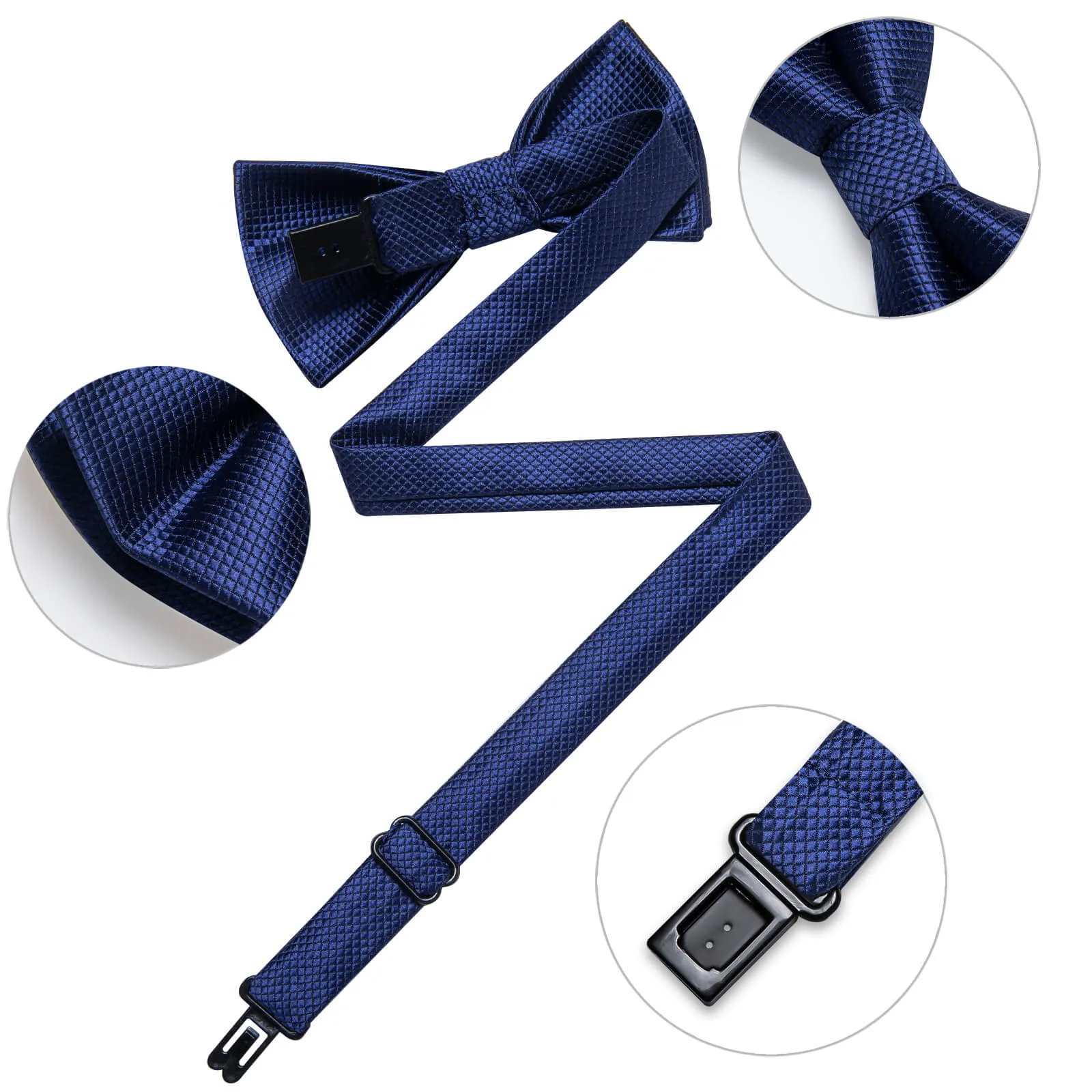 DiBanGu Kids Bow Tie Navy Blue Woven Plaid Silk Pre-Bow Tie Hanky Set