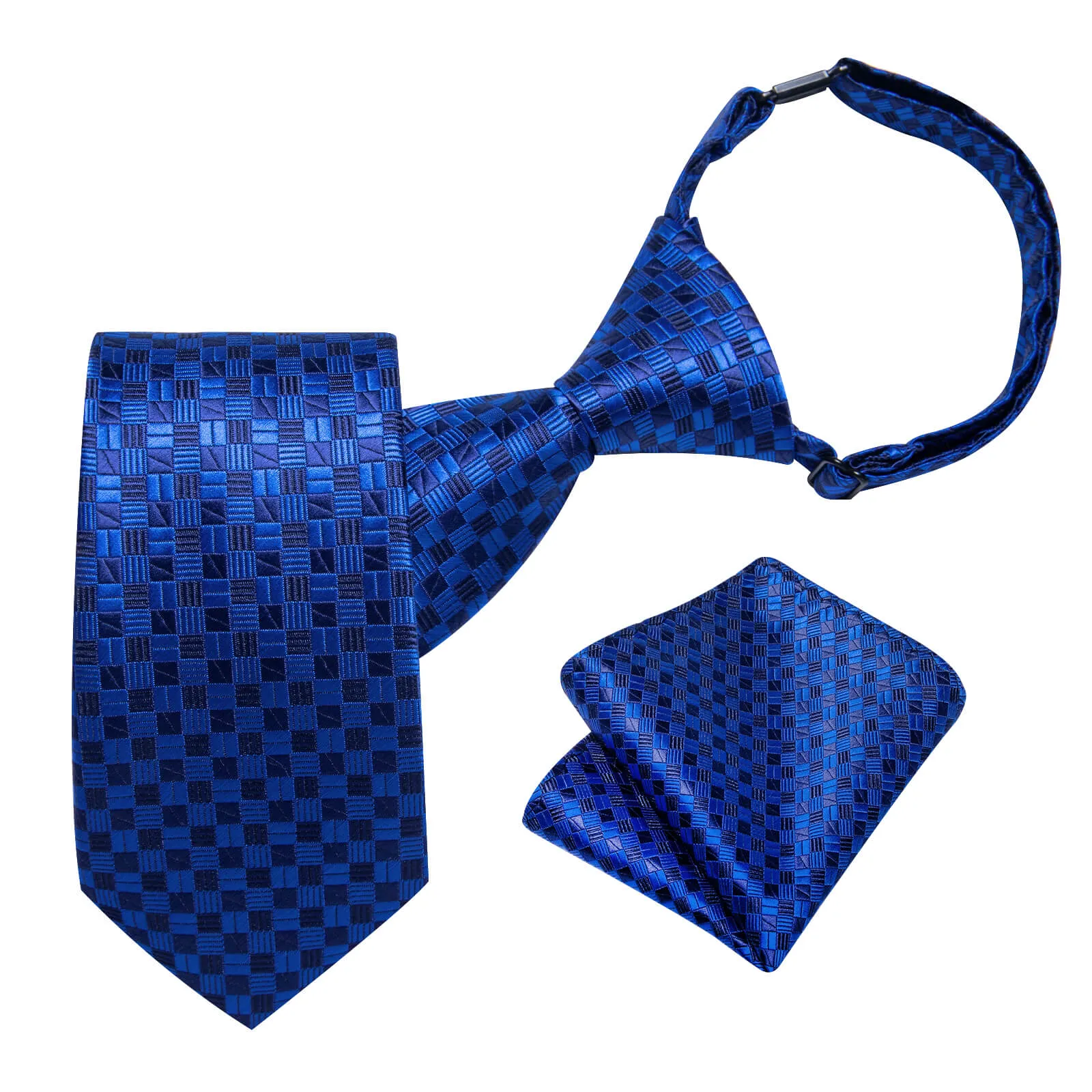 DiBanGu Kid's Tie Navy Blue Plaid Silk Children's Tie Pocket Square Set