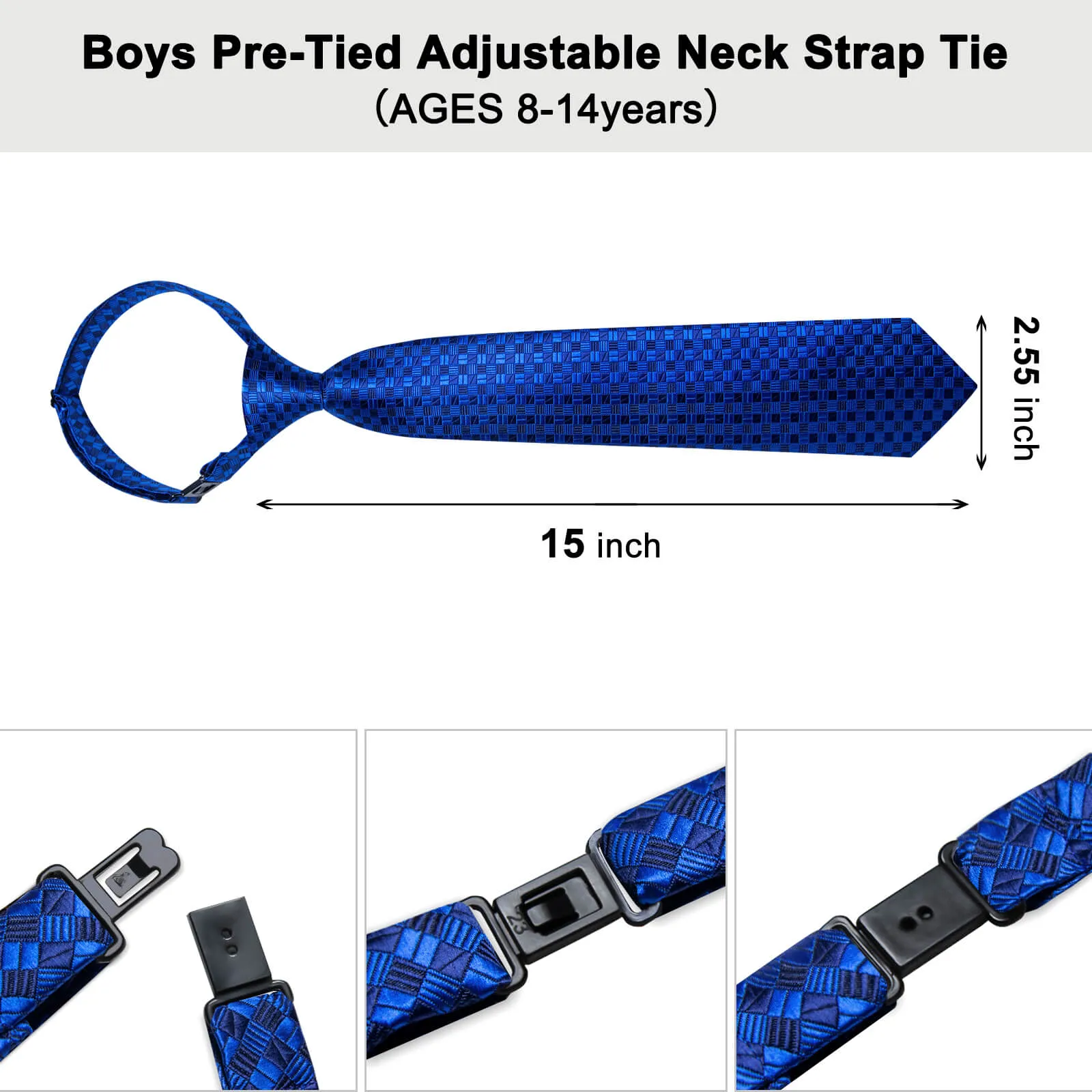 DiBanGu Kid's Tie Navy Blue Plaid Silk Children's Tie Pocket Square Set