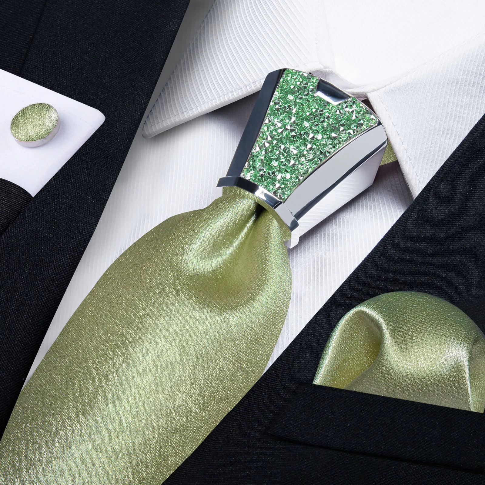 DiBanGu Mens Tie Solid Shining Olive Green Tie Hanky Cufflinks Accessory 4PC Set Fashion