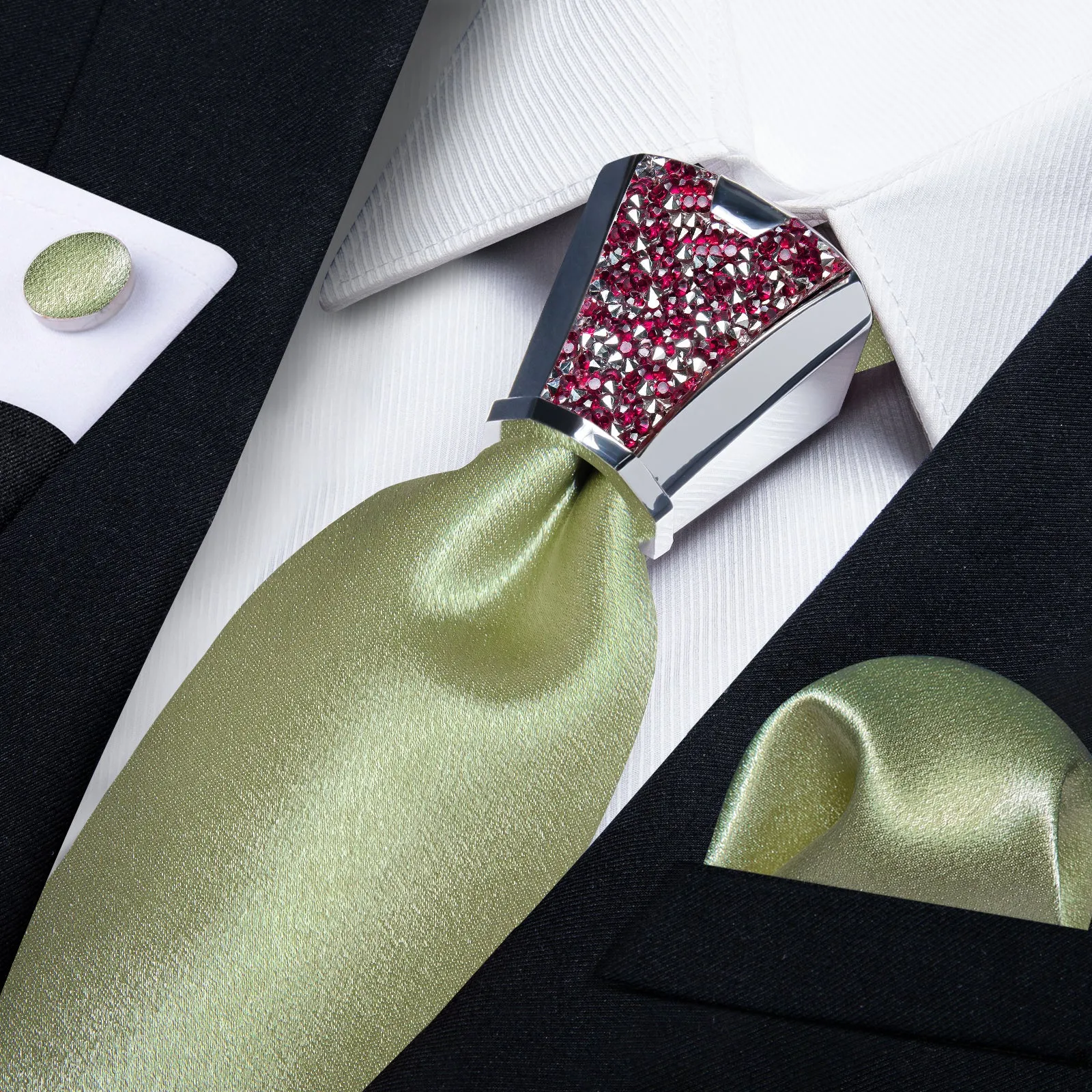 DiBanGu Mens Tie Solid Shining Olive Green Tie Hanky Cufflinks Accessory 4PC Set Fashion