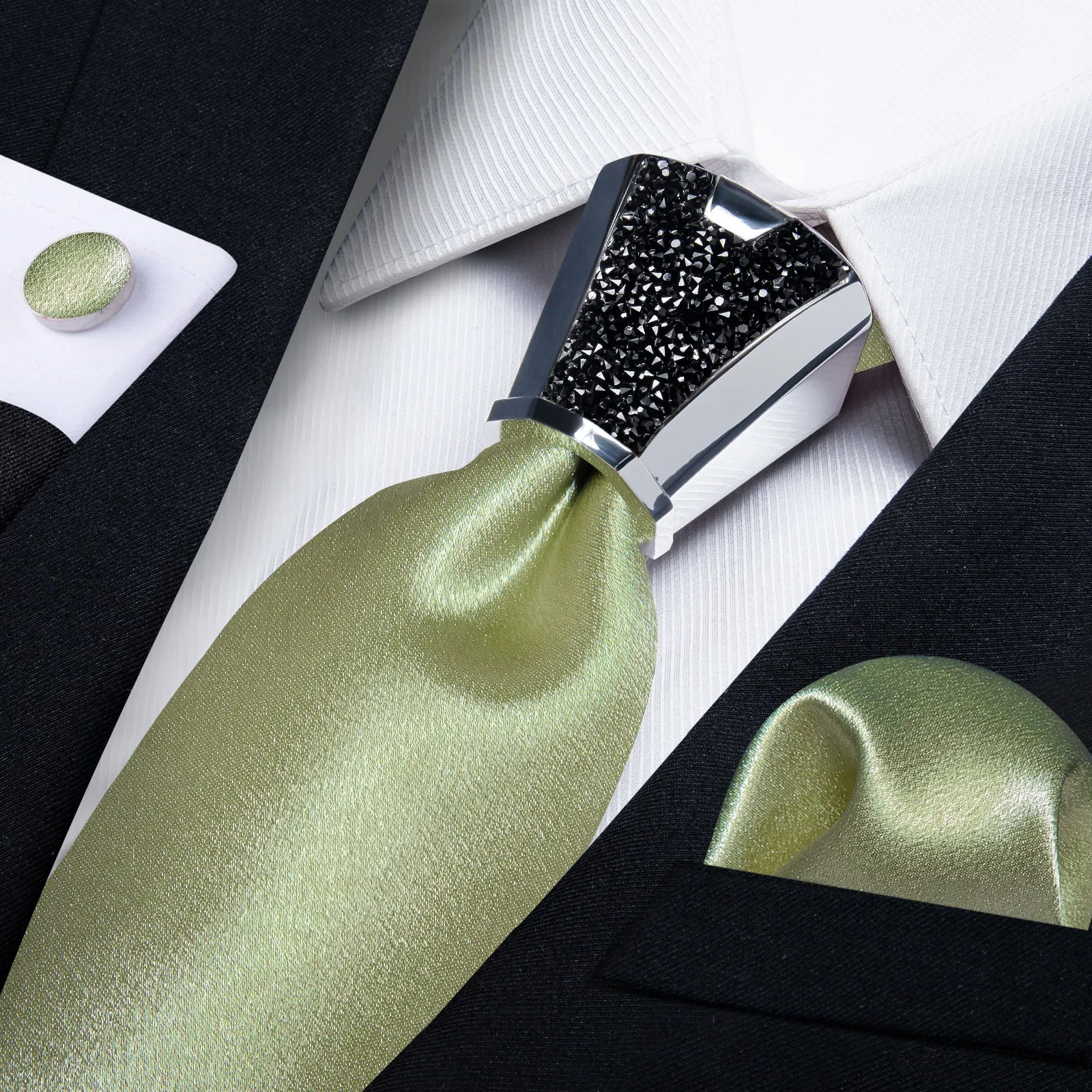 DiBanGu Mens Tie Solid Shining Olive Green Tie Hanky Cufflinks Accessory 4PC Set Fashion