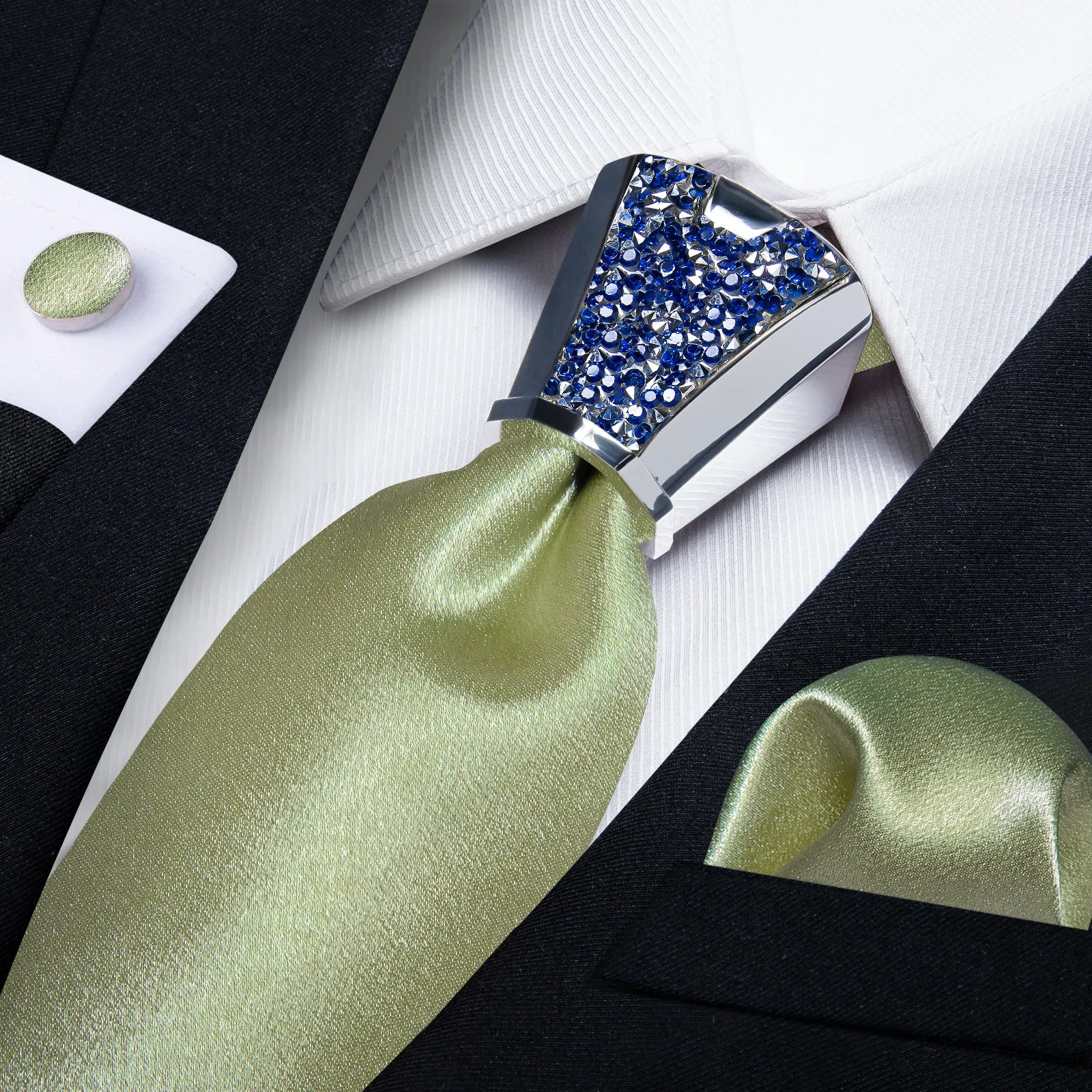 DiBanGu Mens Tie Solid Shining Olive Green Tie Hanky Cufflinks Accessory 4PC Set Fashion