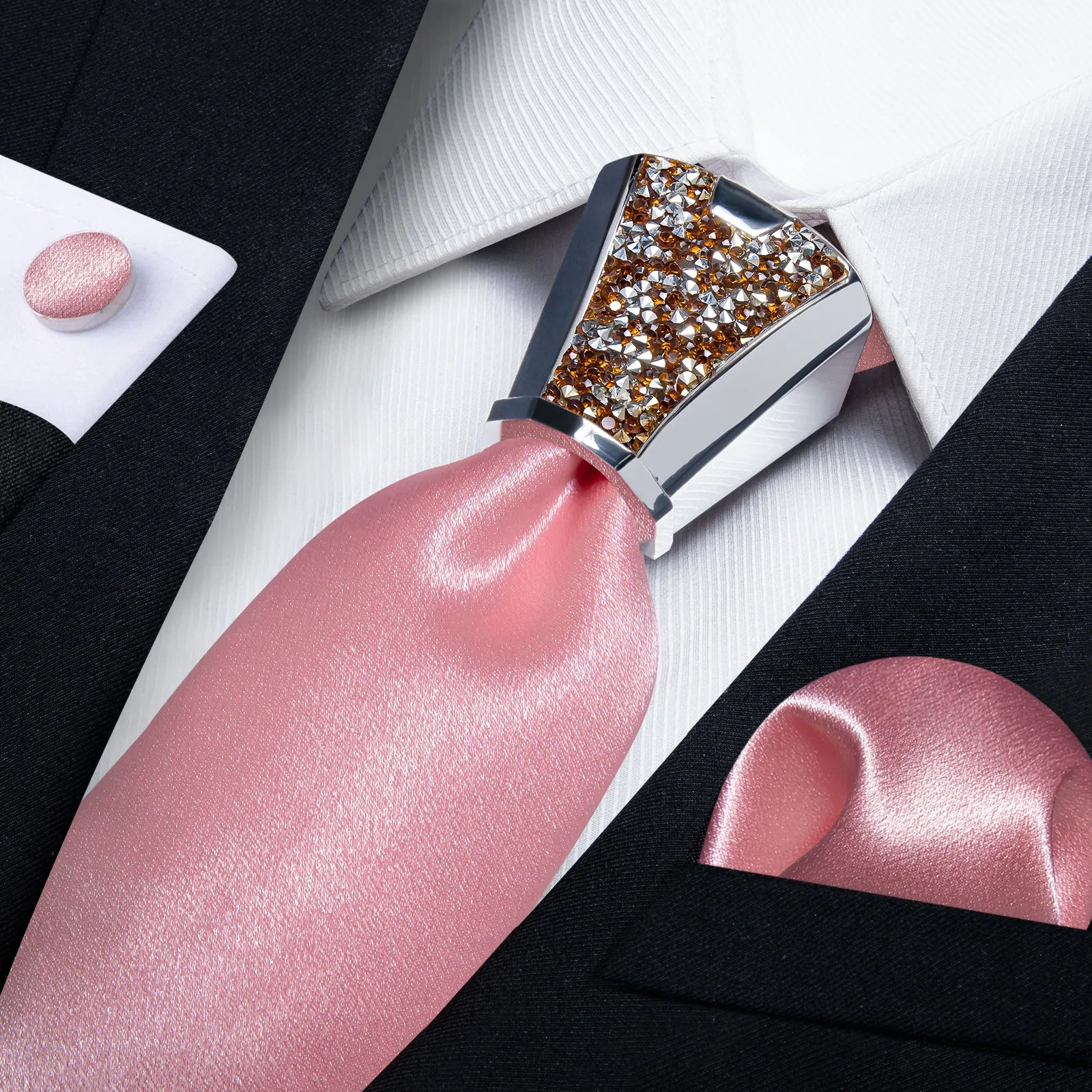 DiBanGu Pink Tie Solid Shining Necktie Pocket Square Cufflinks Accessory 4PC Set