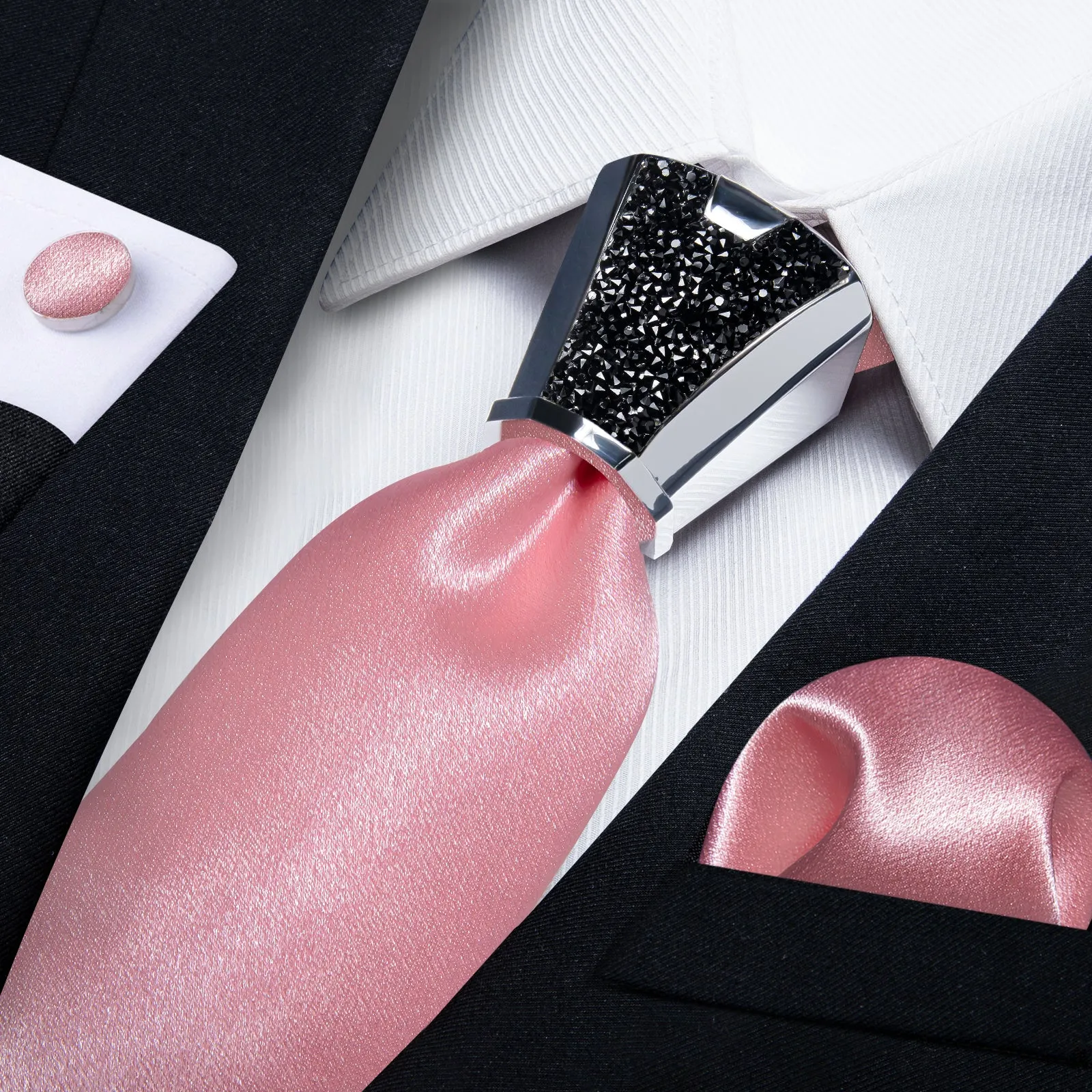 DiBanGu Pink Tie Solid Shining Necktie Pocket Square Cufflinks Accessory 4PC Set