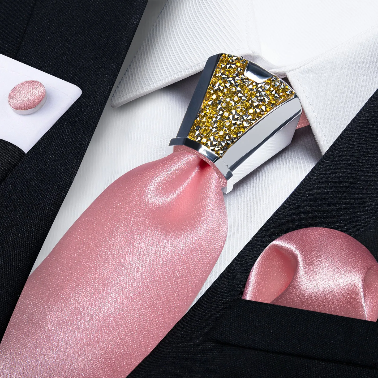 DiBanGu Pink Tie Solid Shining Necktie Pocket Square Cufflinks Accessory 4PC Set