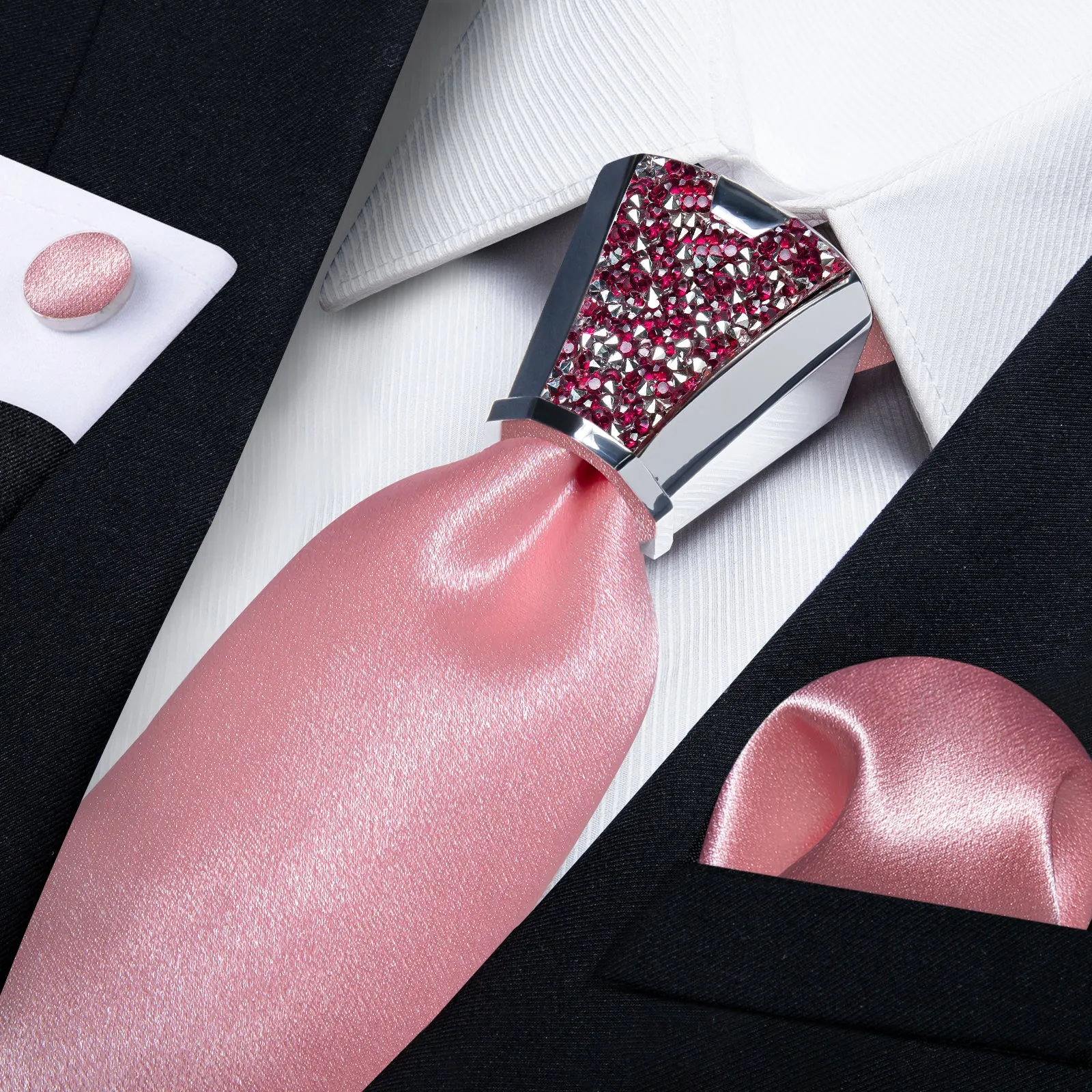 DiBanGu Pink Tie Solid Shining Necktie Pocket Square Cufflinks Accessory 4PC Set