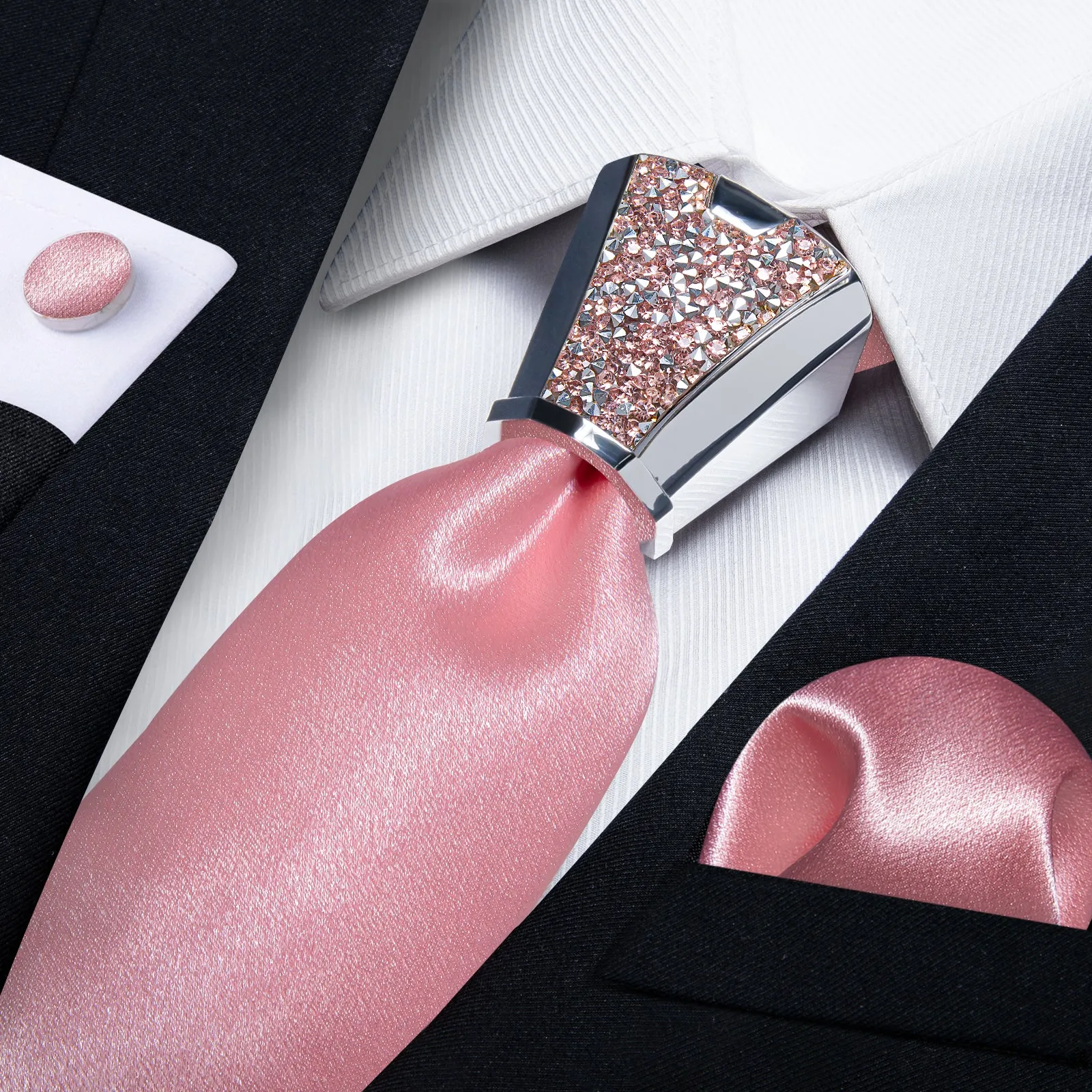 DiBanGu Pink Tie Solid Shining Necktie Pocket Square Cufflinks Accessory 4PC Set