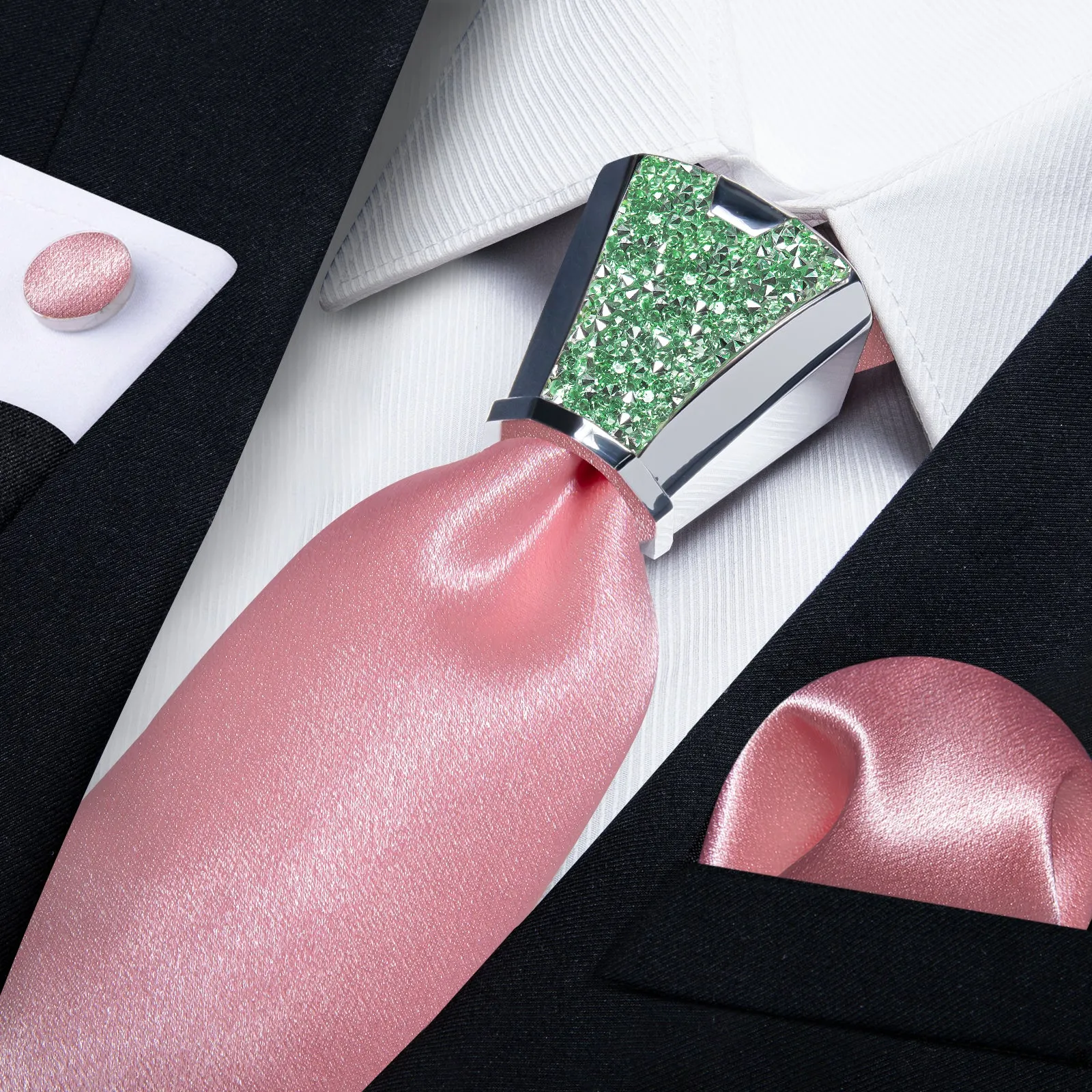 DiBanGu Pink Tie Solid Shining Necktie Pocket Square Cufflinks Accessory 4PC Set