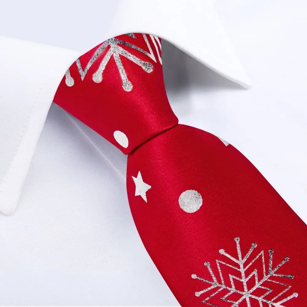 DiBanGu Red White Christmas Snowflake Necktie Pocket Square Cufflinks Set