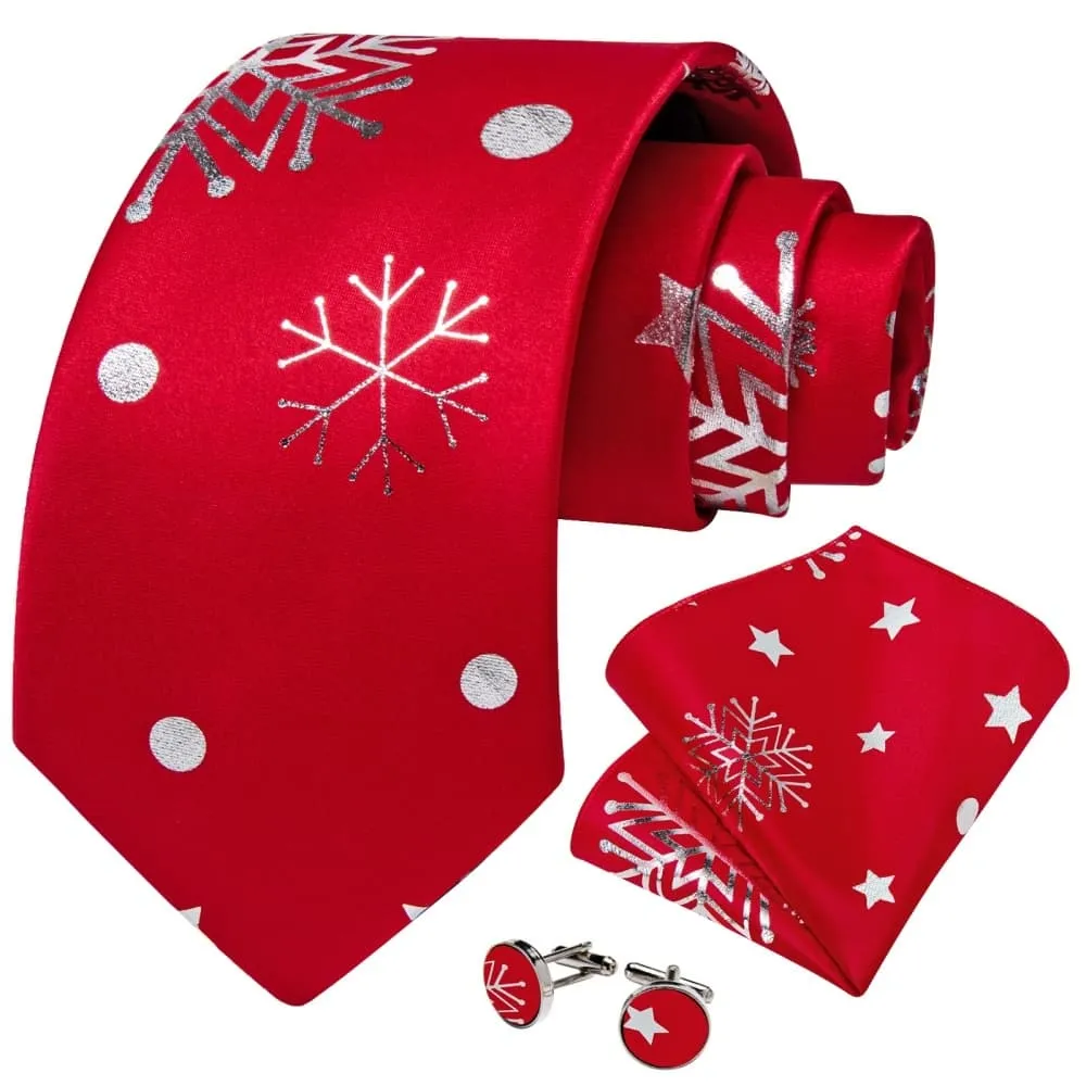 DiBanGu Red White Christmas Snowflake Necktie Pocket Square Cufflinks Set