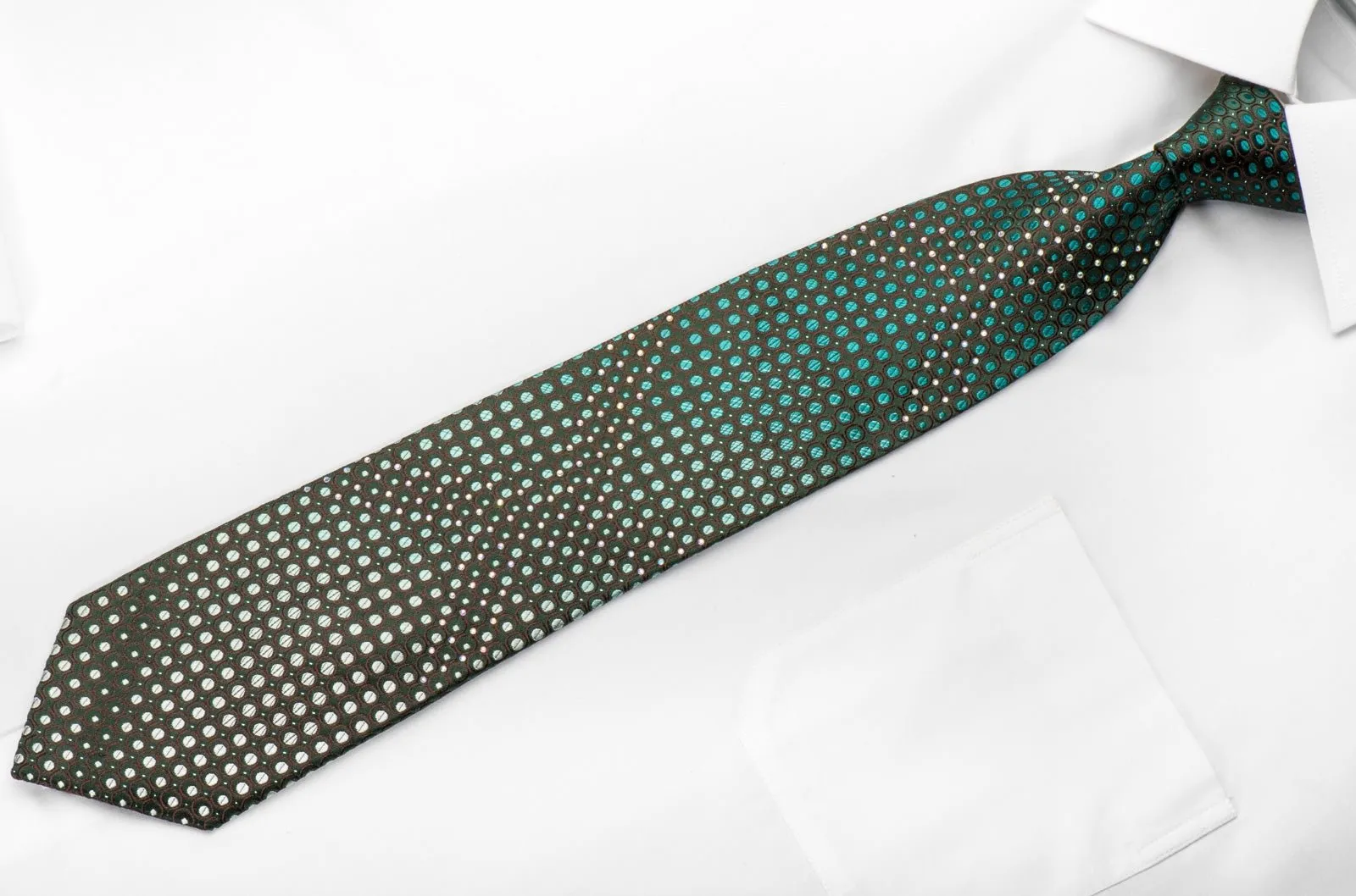 Elegance Men's Rhinestone Silk Necktie Green Dots On Brown With Silver Sparkles