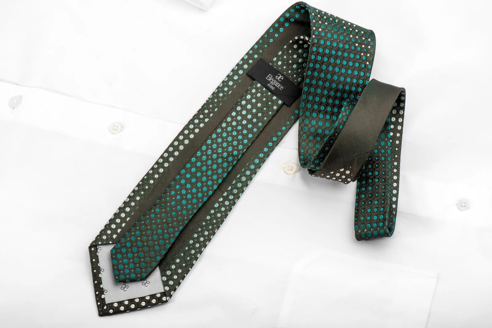 Elegance Men's Rhinestone Silk Necktie Green Dots On Brown With Silver Sparkles