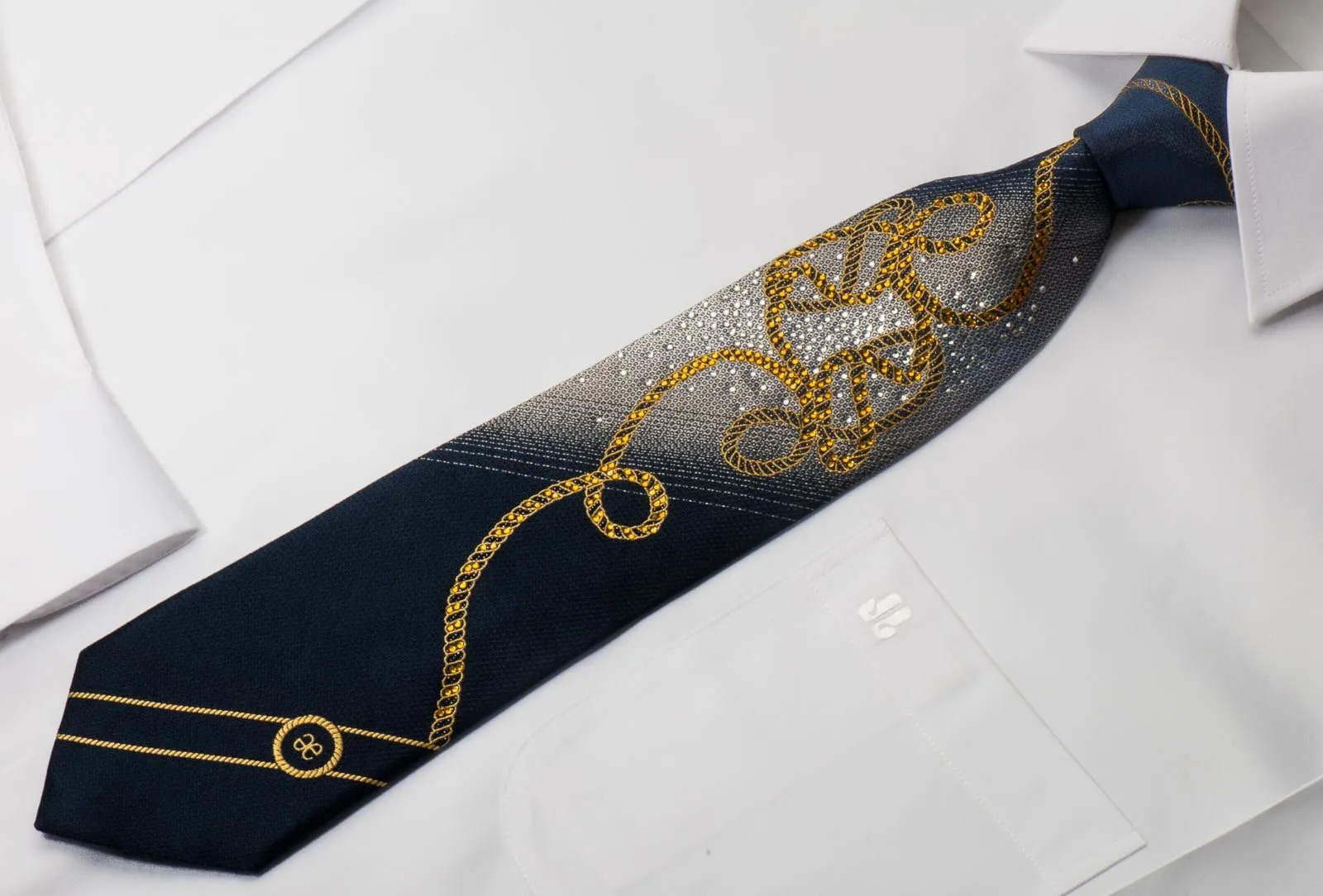 Elegance Woven Silk Rhinestone Tie Golden Rope On Black With Sparkles