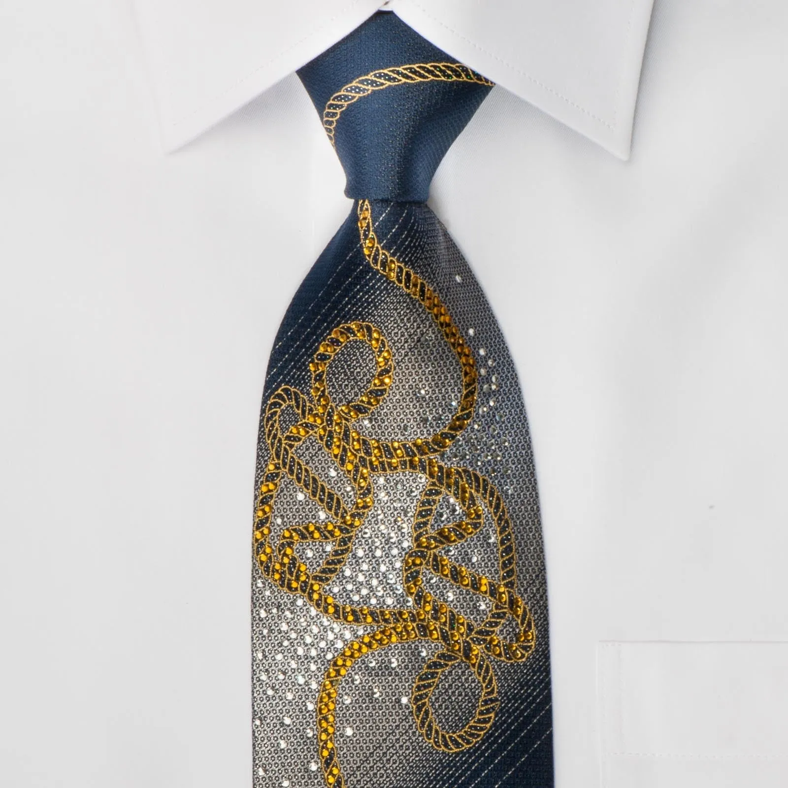 Elegance Woven Silk Rhinestone Tie Golden Rope On Black With Sparkles