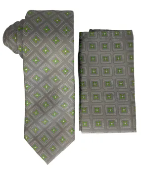 Gianfranco Geometric Tie and Handkerchief - Gray & Green