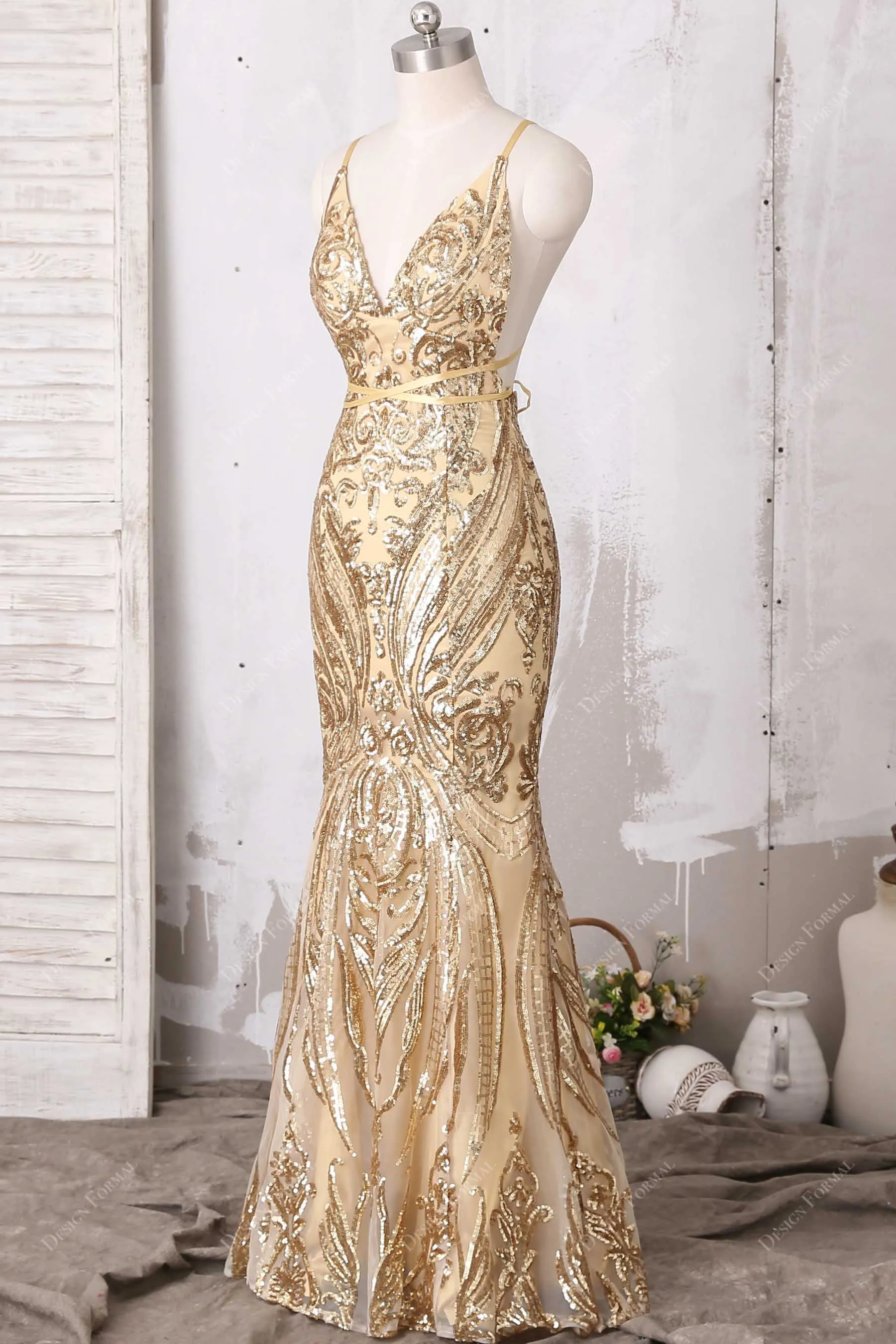 Gold Sequin Spaghetti Straps Sexy Open Back Unique Mermaid Dress