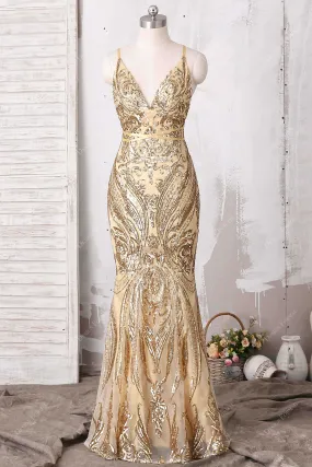 Gold Sequin Spaghetti Straps Sexy Open Back Unique Mermaid Dress