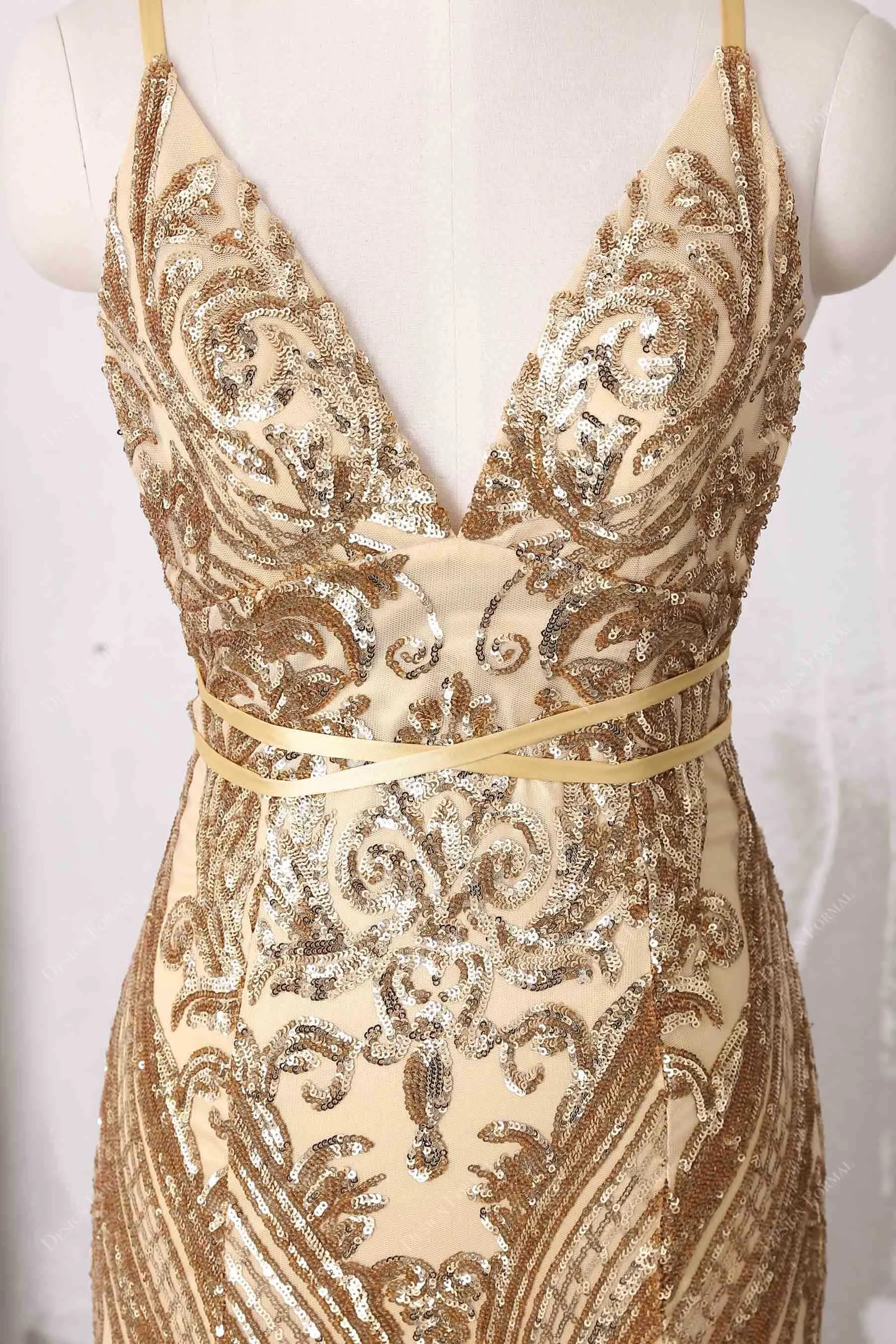 Gold Sequin Spaghetti Straps Sexy Open Back Unique Mermaid Dress