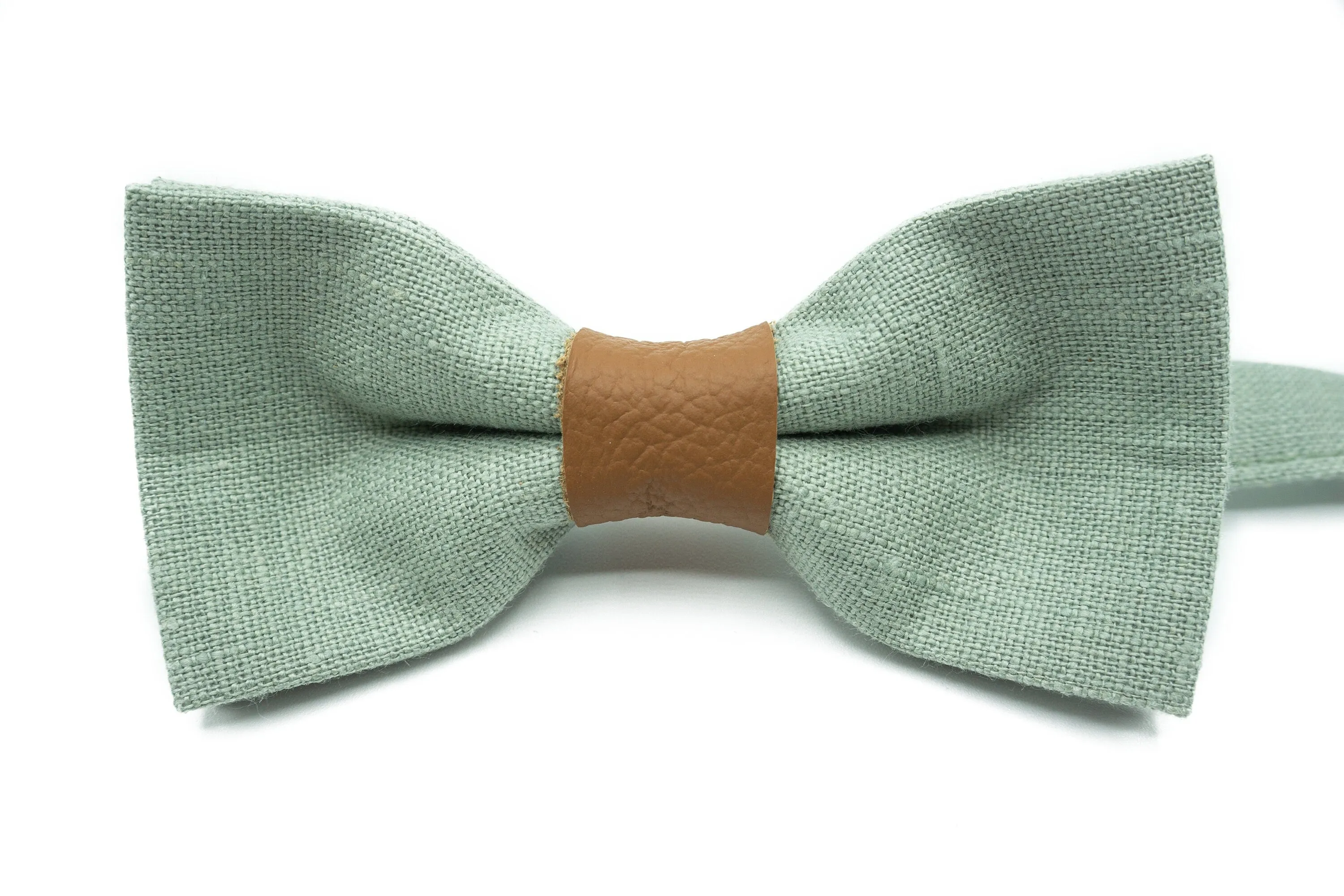 Handmade Sage Green Bow Tie with Leather Center - Perfect for Weddings & Special Occasions