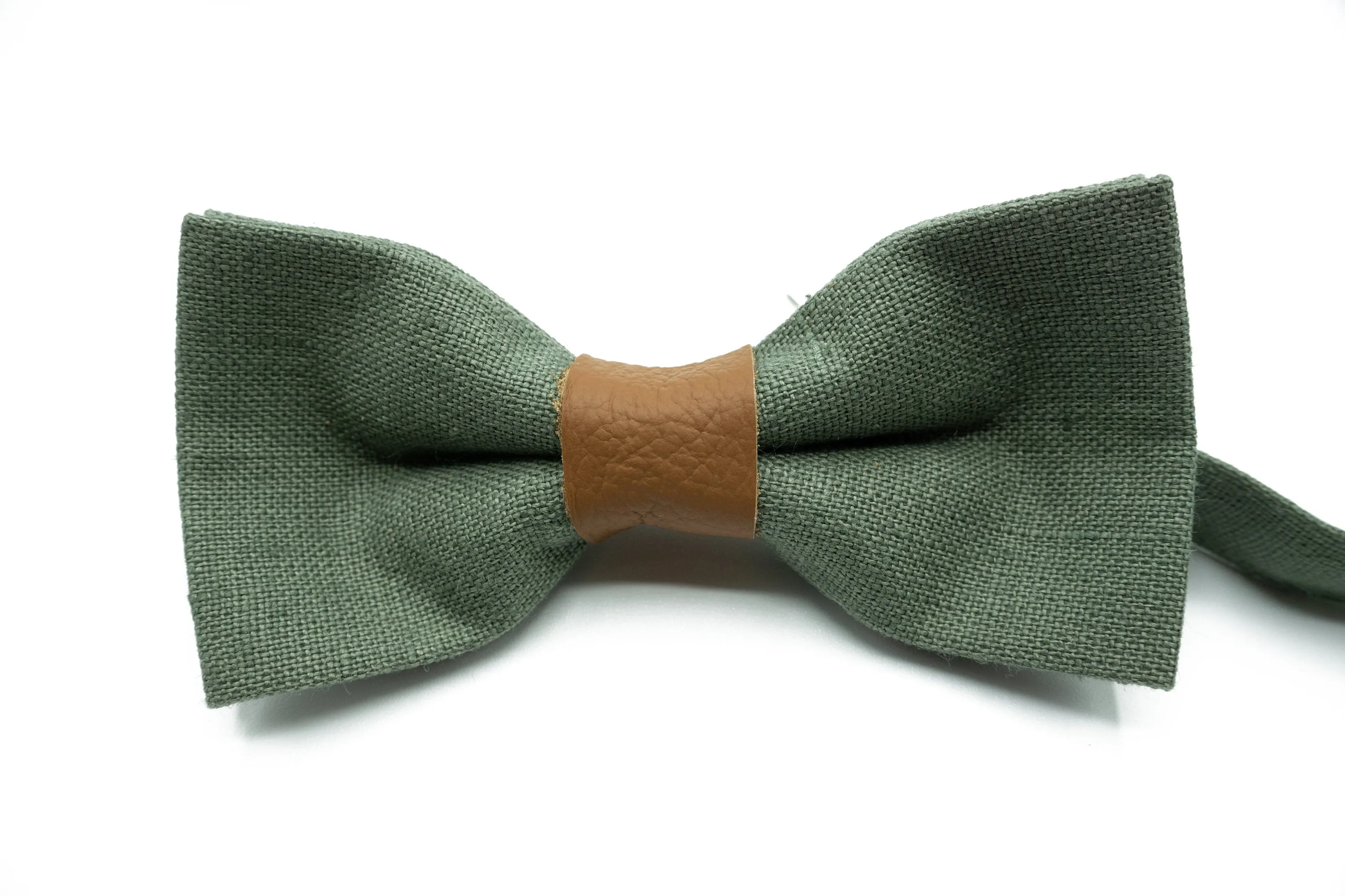 Handmade Sage Green Bow Tie with Leather Center - Perfect for Weddings & Special Occasions