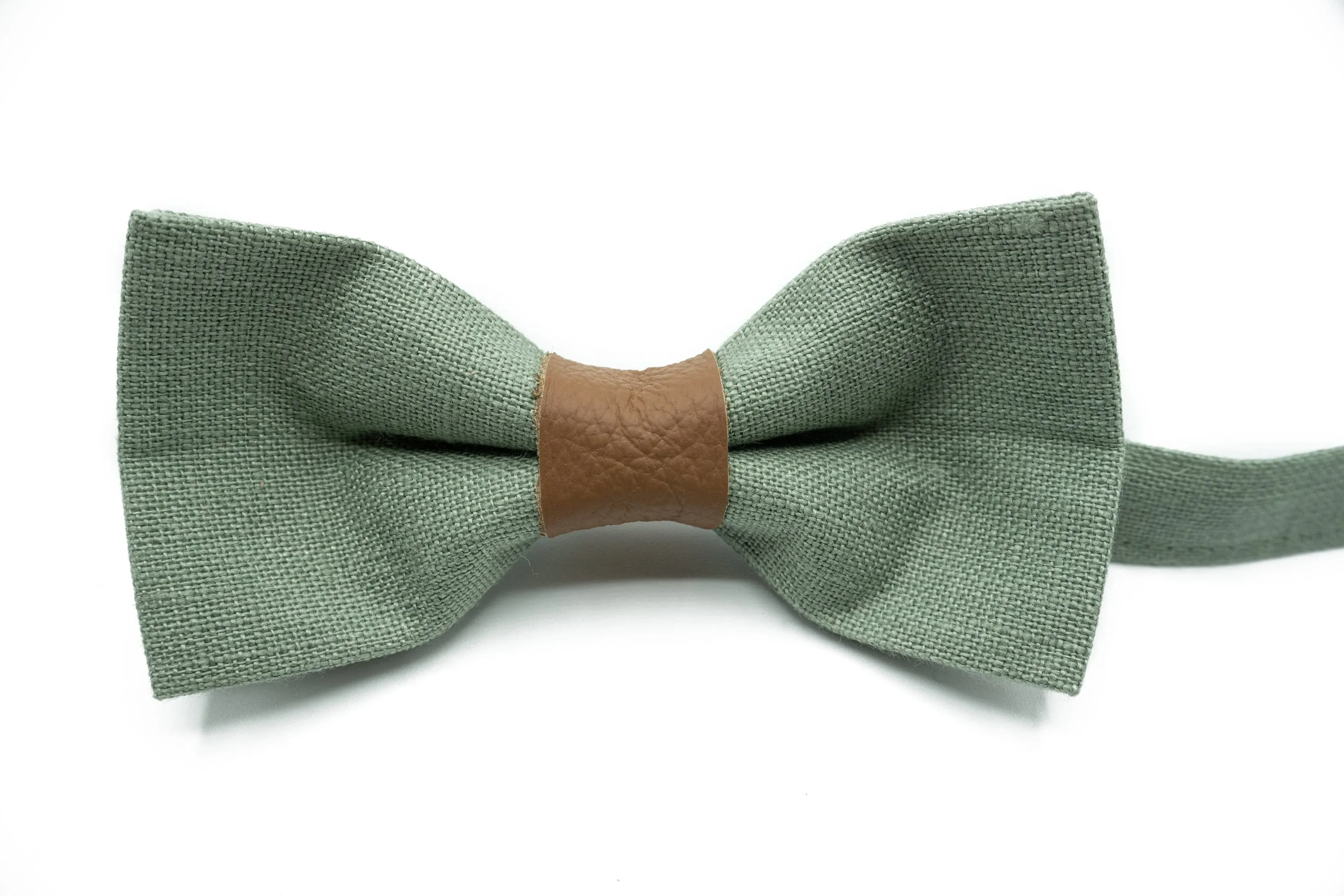 Handmade Sage Green Bow Tie with Leather Center - Perfect for Weddings & Special Occasions