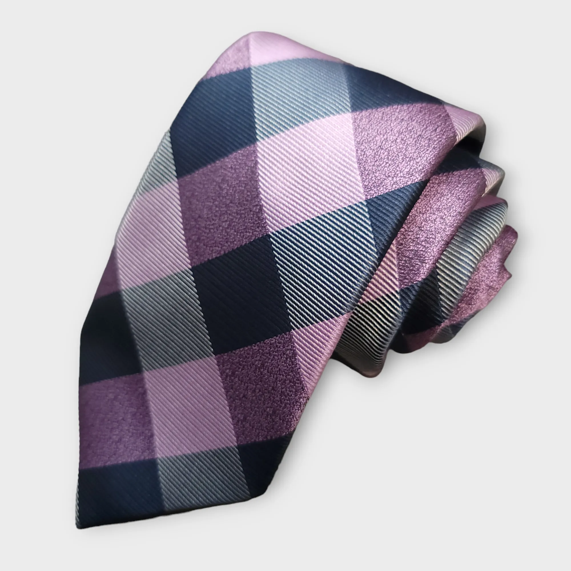 Lavender Navy Blue Plaid Silk Tie Pocket Square Cufflink Set