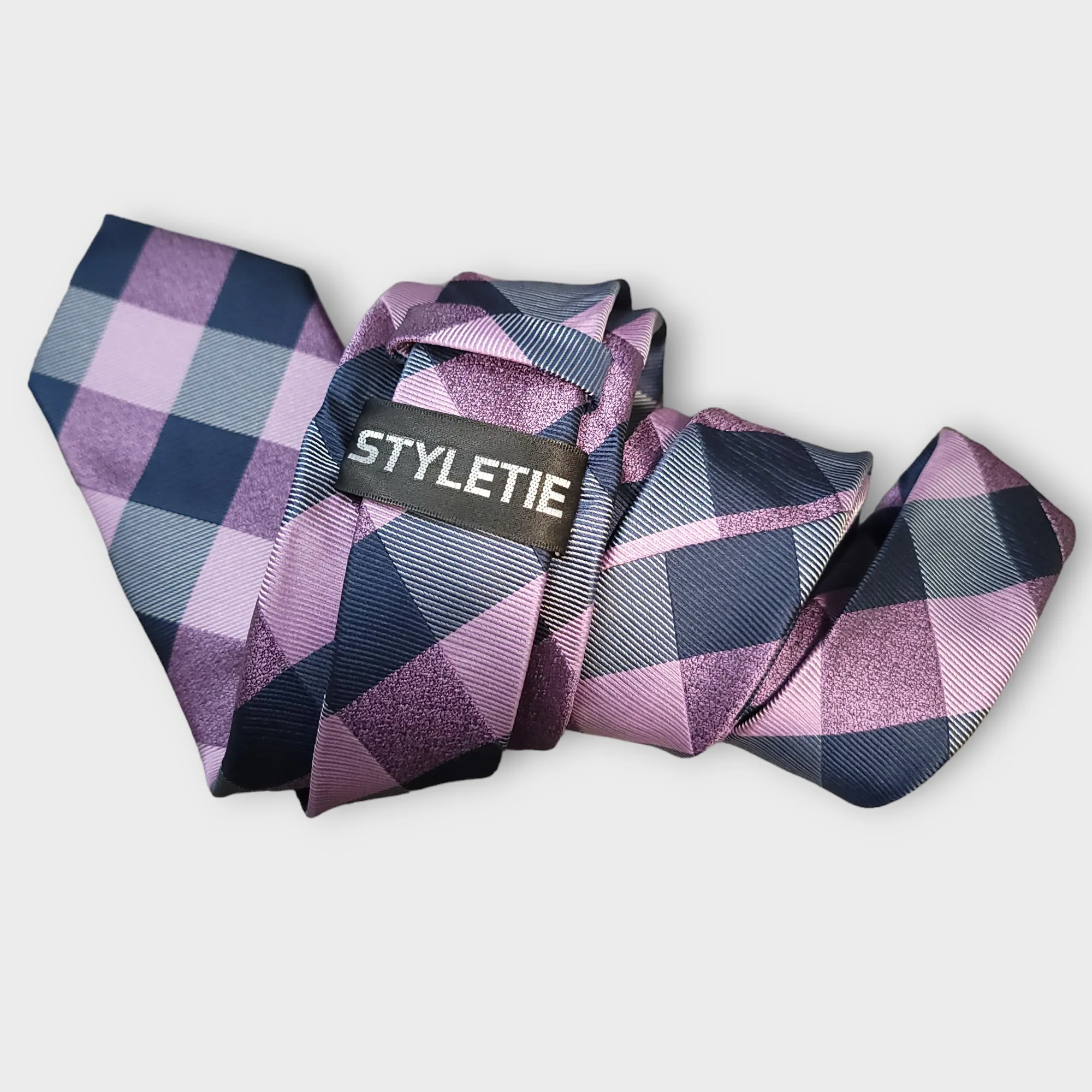 Lavender Navy Blue Plaid Silk Tie Pocket Square Cufflink Set