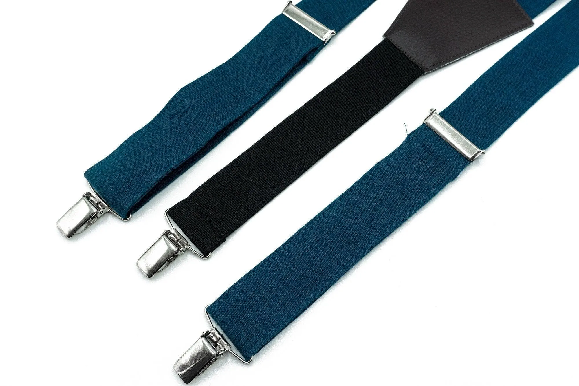 Marine Blue Skinny Tie Set with Pocket Square and Suspenders