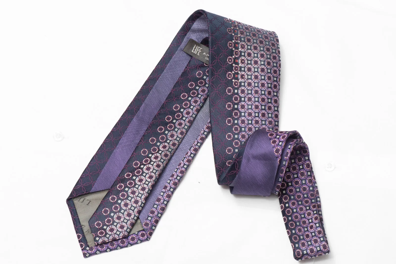 Mauve Pink Silver Geometric Design On Navy Blue Rhinestone Silk Tie