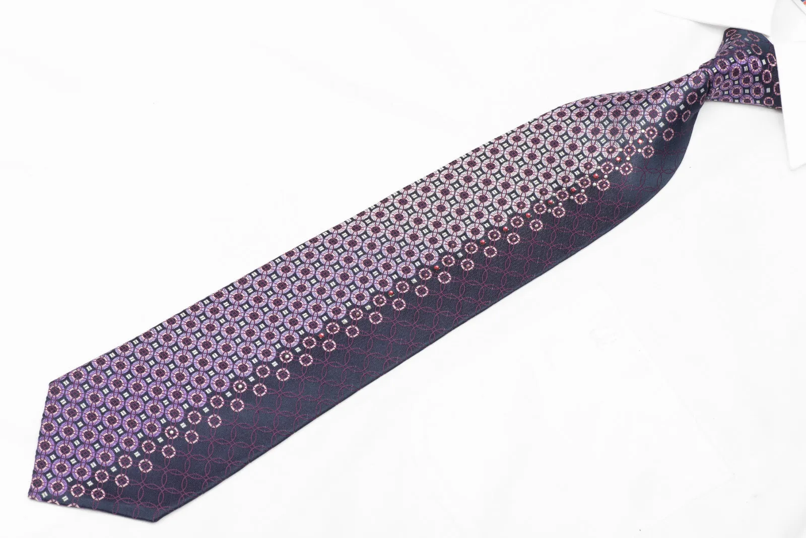 Mauve Pink Silver Geometric Design On Navy Blue Rhinestone Silk Tie