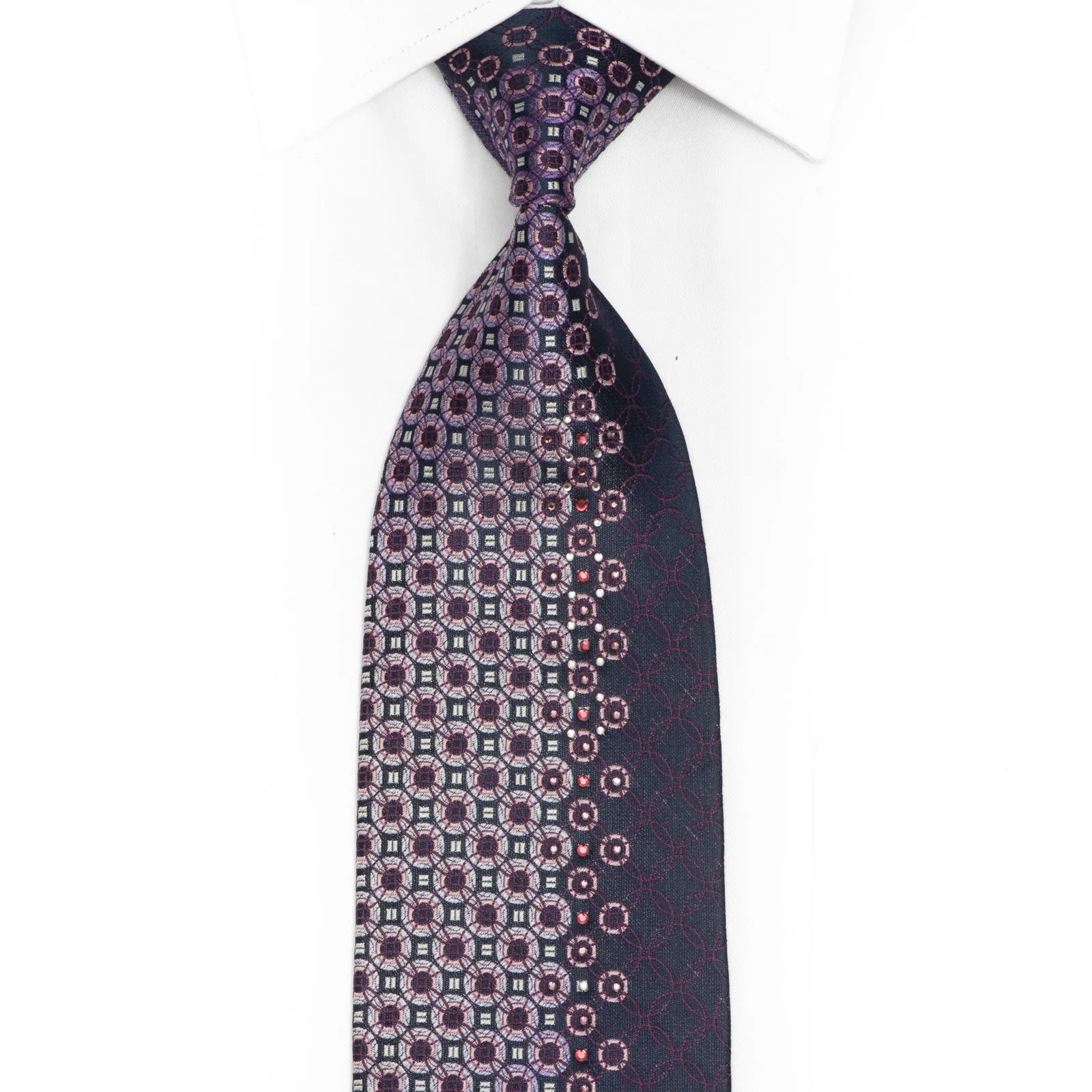 Mauve Pink Silver Geometric Design On Navy Blue Rhinestone Silk Tie