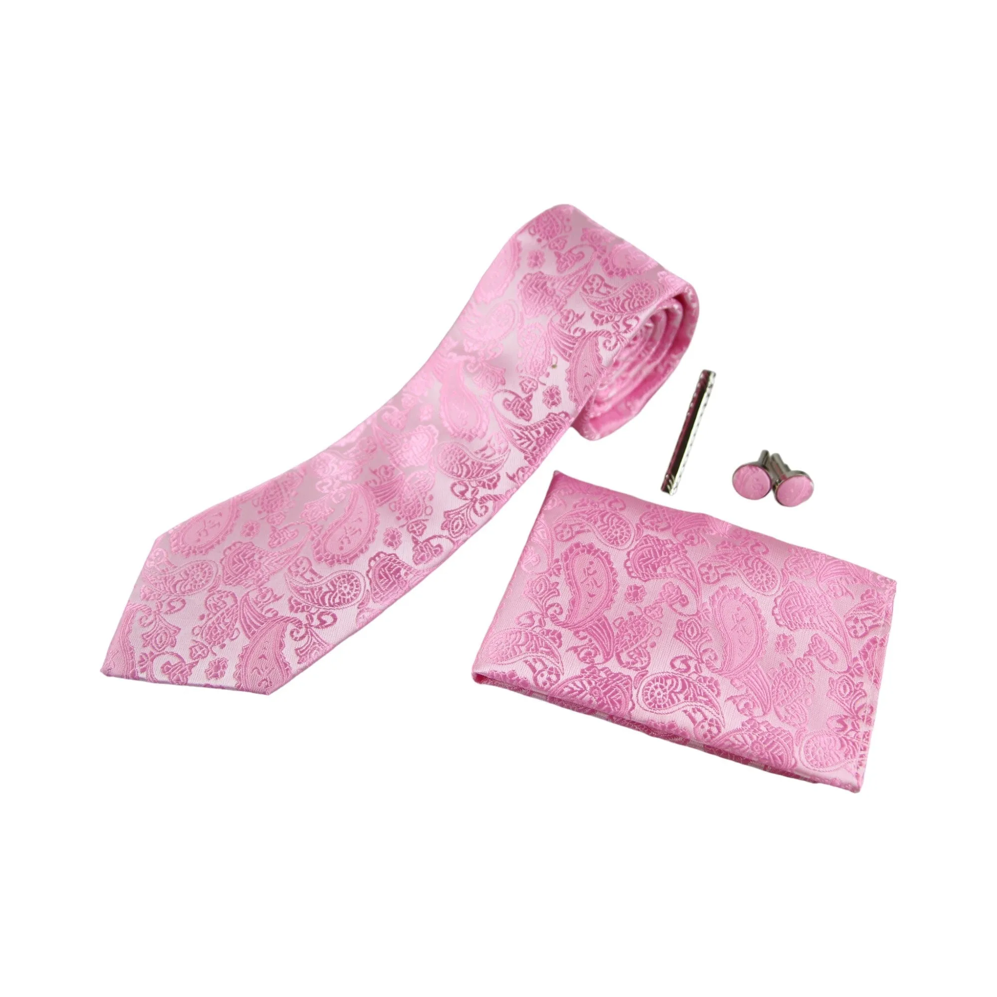 Mens Light Pink & Pink Boho Paisley Matching Neck Tie, Pocket Square, Cuff Links And Tie Clip Set