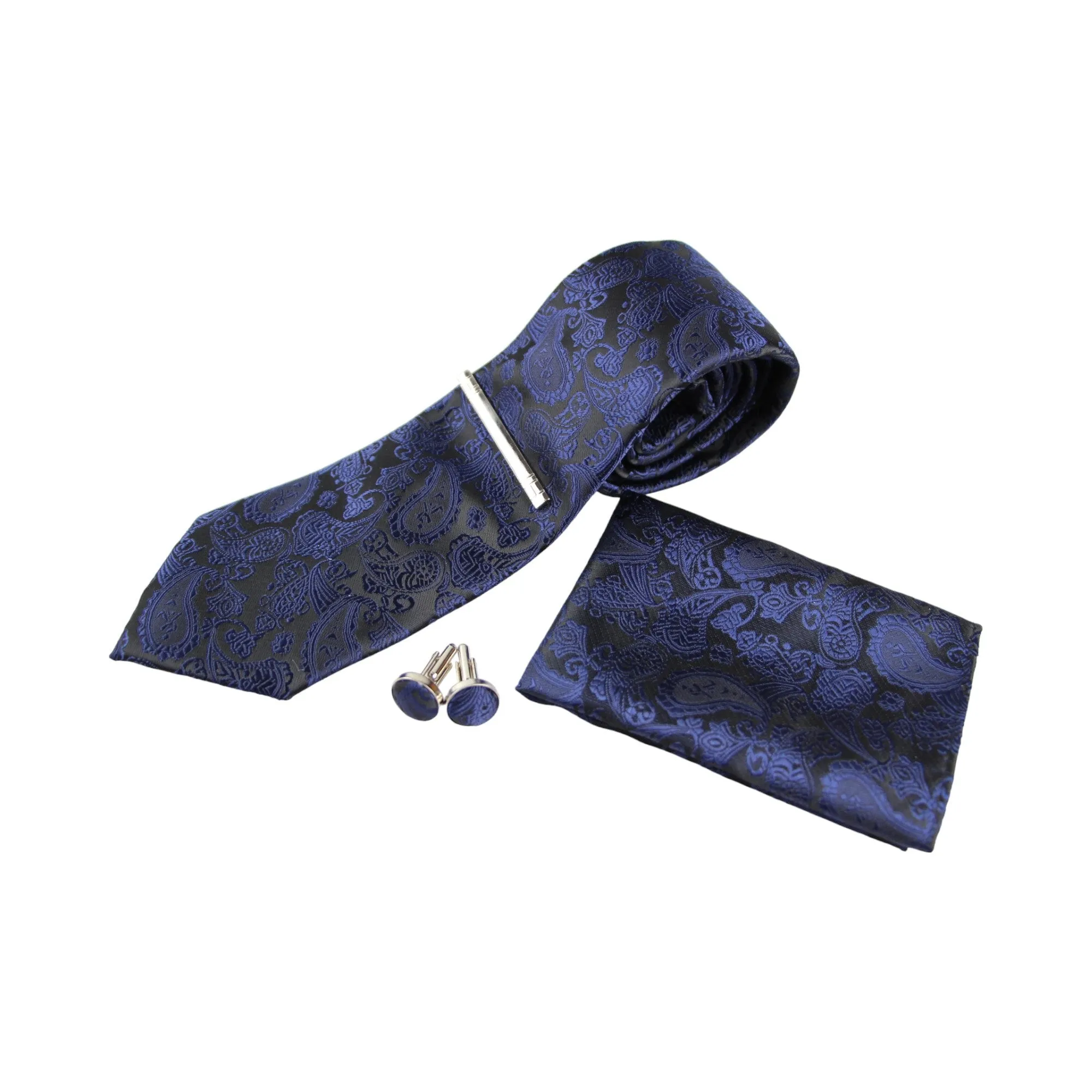 Mens Navy & Black Boho Paisley Matching Neck Tie, Pocket Square, Cuff Links And Tie Clip Set