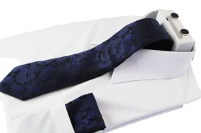 Mens Navy & Black Boho Paisley Matching Neck Tie, Pocket Square, Cuff Links And Tie Clip Set