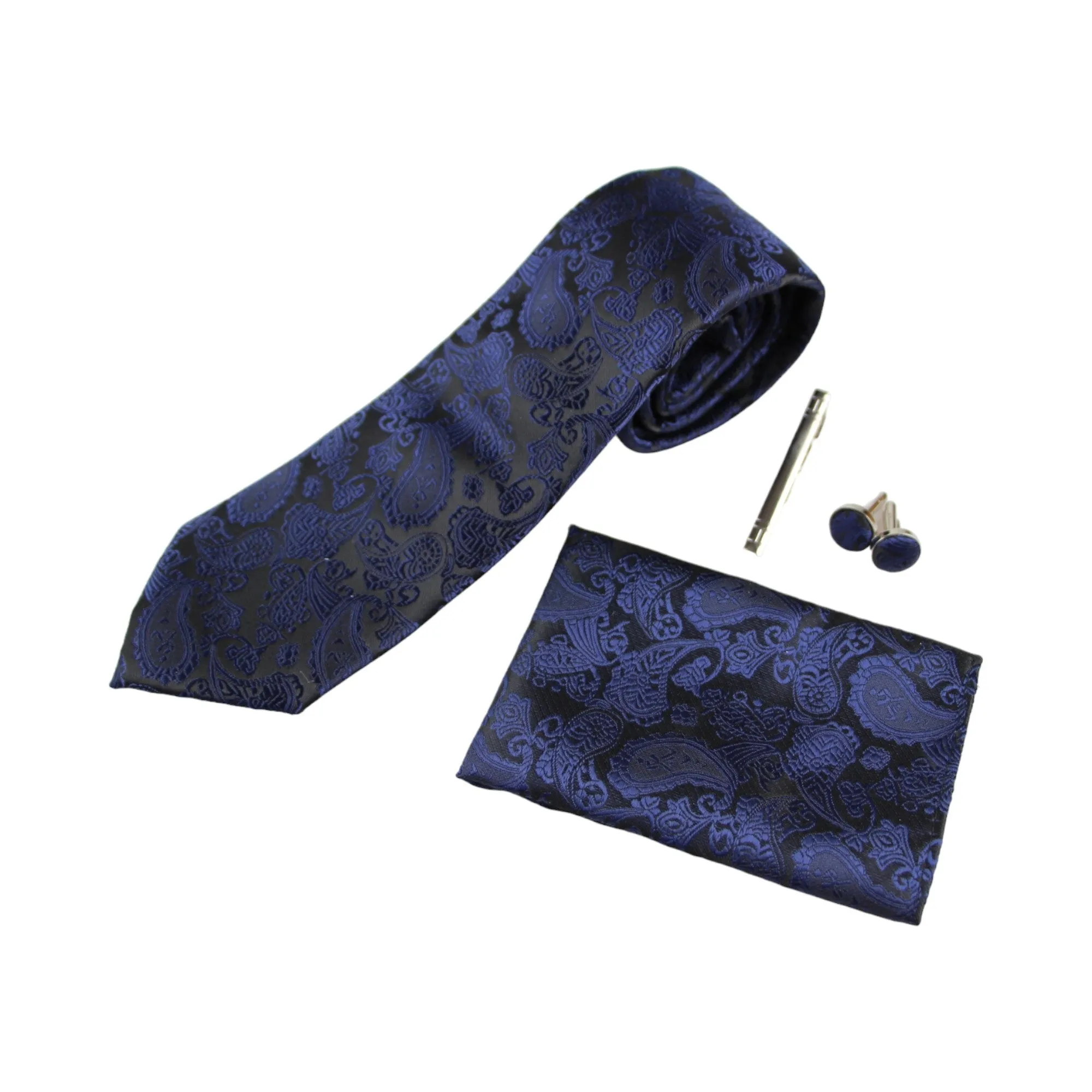 Mens Navy & Black Boho Paisley Matching Neck Tie, Pocket Square, Cuff Links And Tie Clip Set