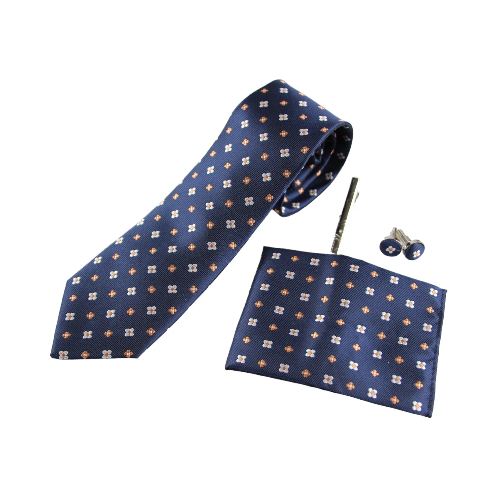 Mens Navy With Orange & White Floral Matching Neck Tie, Pocket Square, Cuff Links And Tie Clip Set