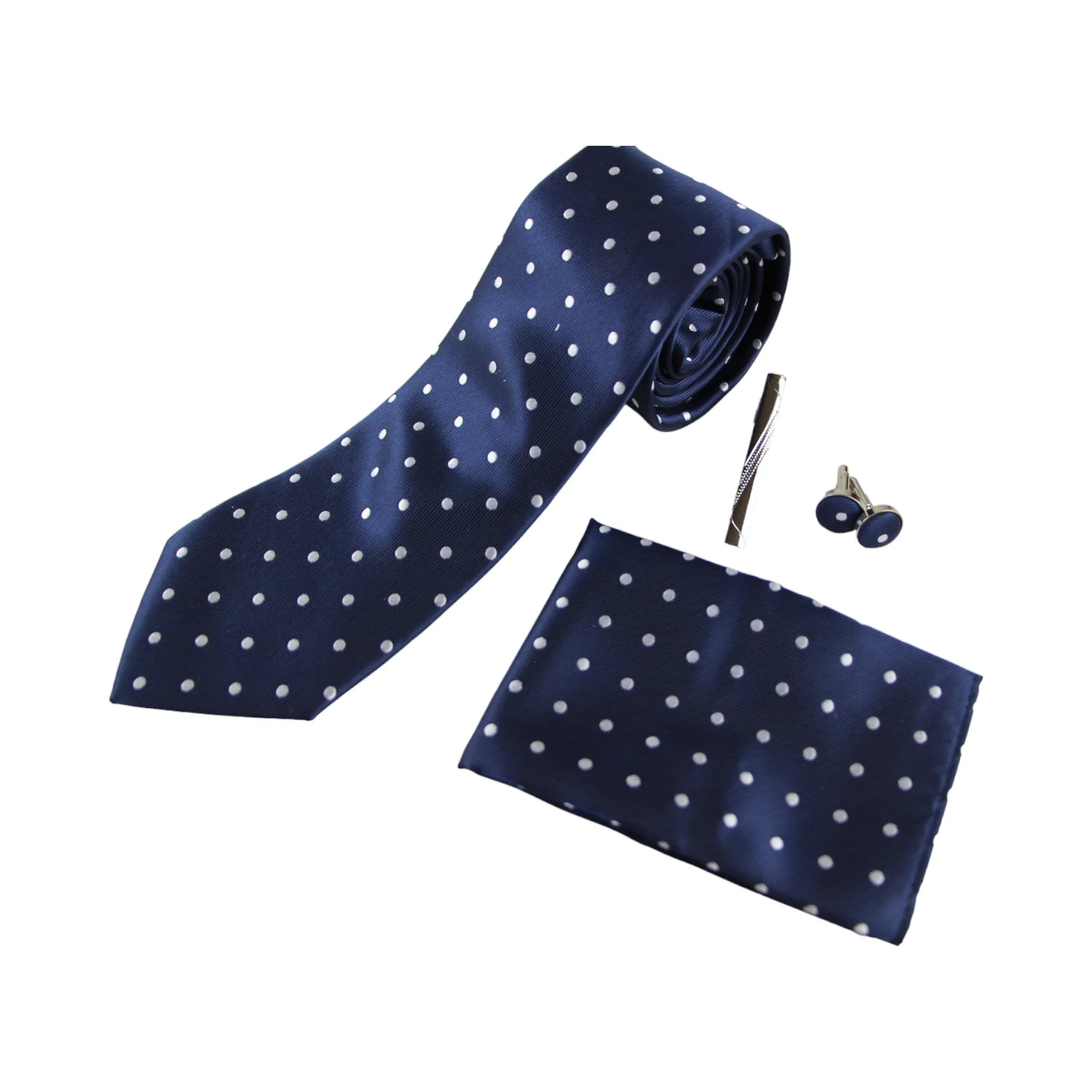 Mens Navy With White Polka Dot Matching Neck Tie, Pocket Square, Cuff Links And Tie Clip Set