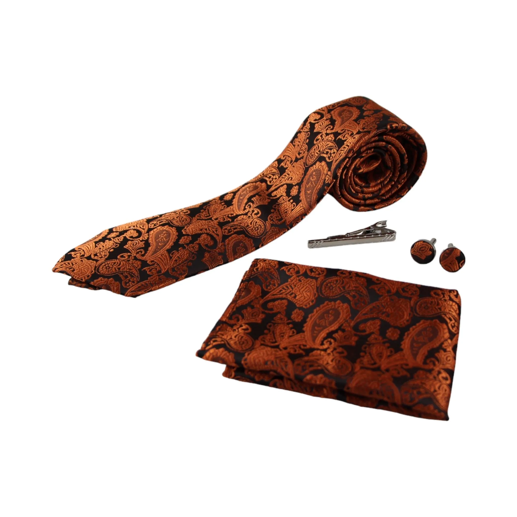 Mens Orange & Black Boho Paisley Matching Neck Tie, Pocket Square, Cuff Links And Tie Clip Set