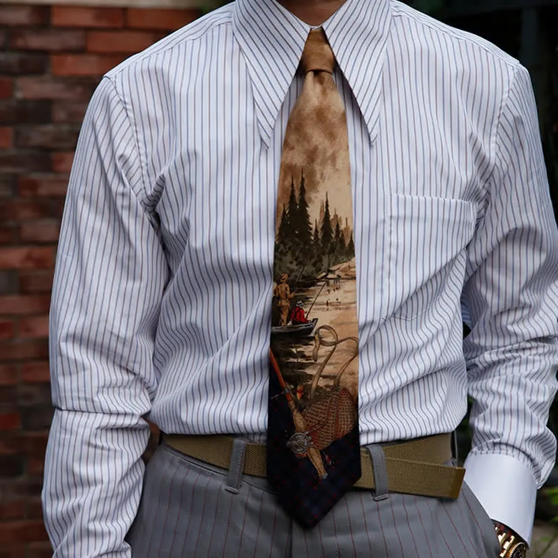 Men's Stylish Lake Scene Fishing Printing Necktie