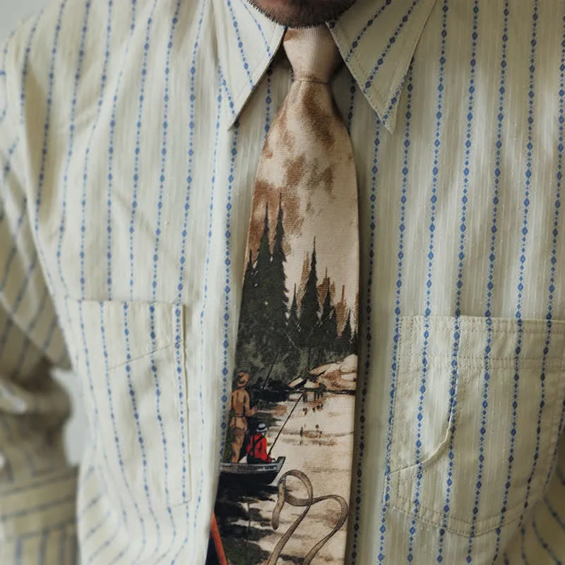 Men's Stylish Lake Scene Fishing Printing Necktie