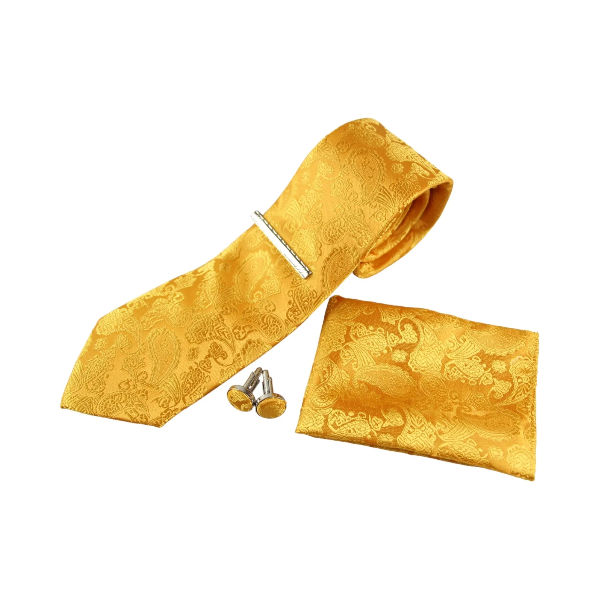 Mens Yellow Boho Paisley Matching Neck Tie, Pocket Square, Cuff Links And Tie Clip Set