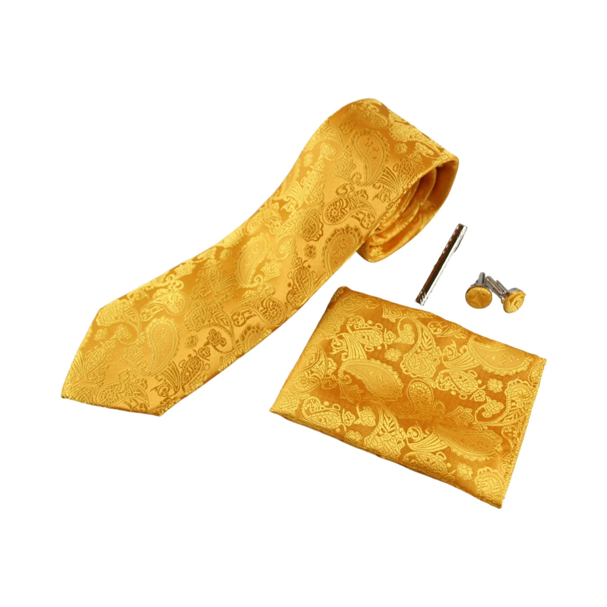 Mens Yellow Boho Paisley Matching Neck Tie, Pocket Square, Cuff Links And Tie Clip Set